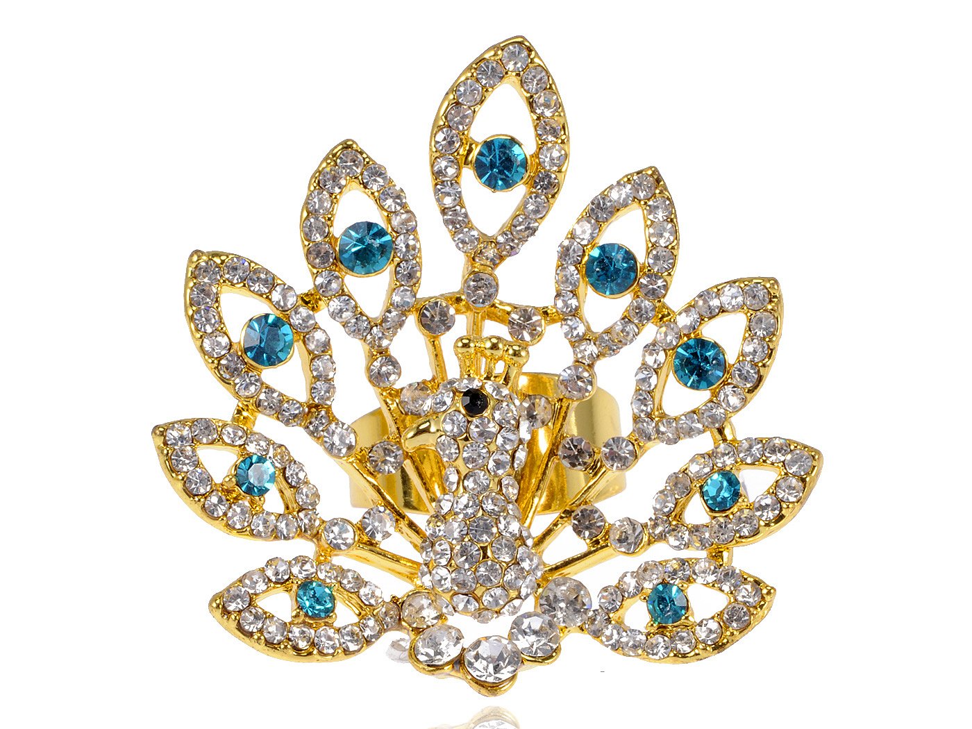 Alilang Golden Tone Shine Clear Emerald Blue Crystal Rhinestone Peacock Adj Ring