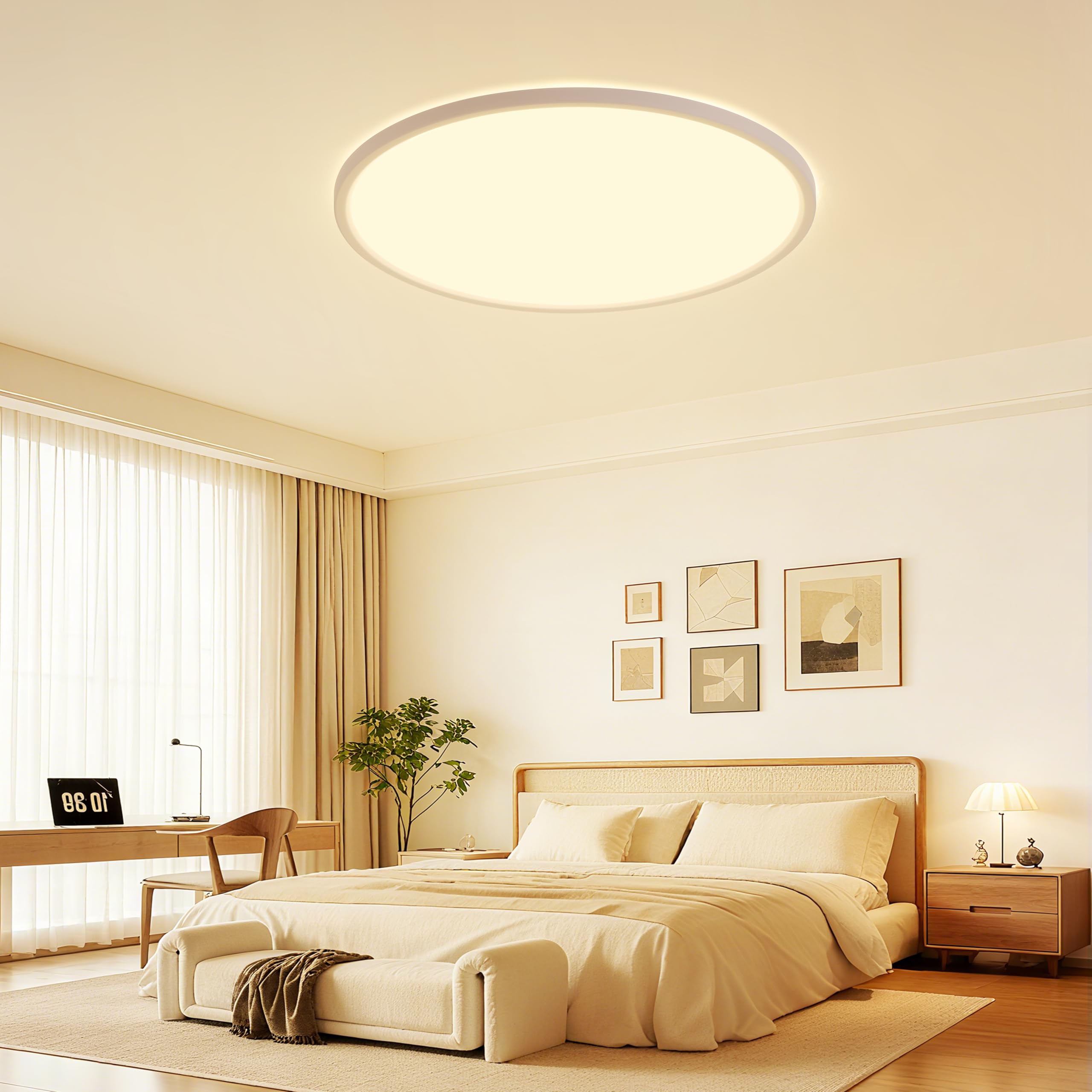 59CM LED Deckenleuchte Dimmbar mit Fernbedienung 56W Weiß | Dimmbar 3000-6500K, Ultra Dünn 2.5CM, Wasserfest IP45, 60s/1Hrs Timer, 10–100 % Helligkeit, Nachtlicht, für Schlafzimmer
