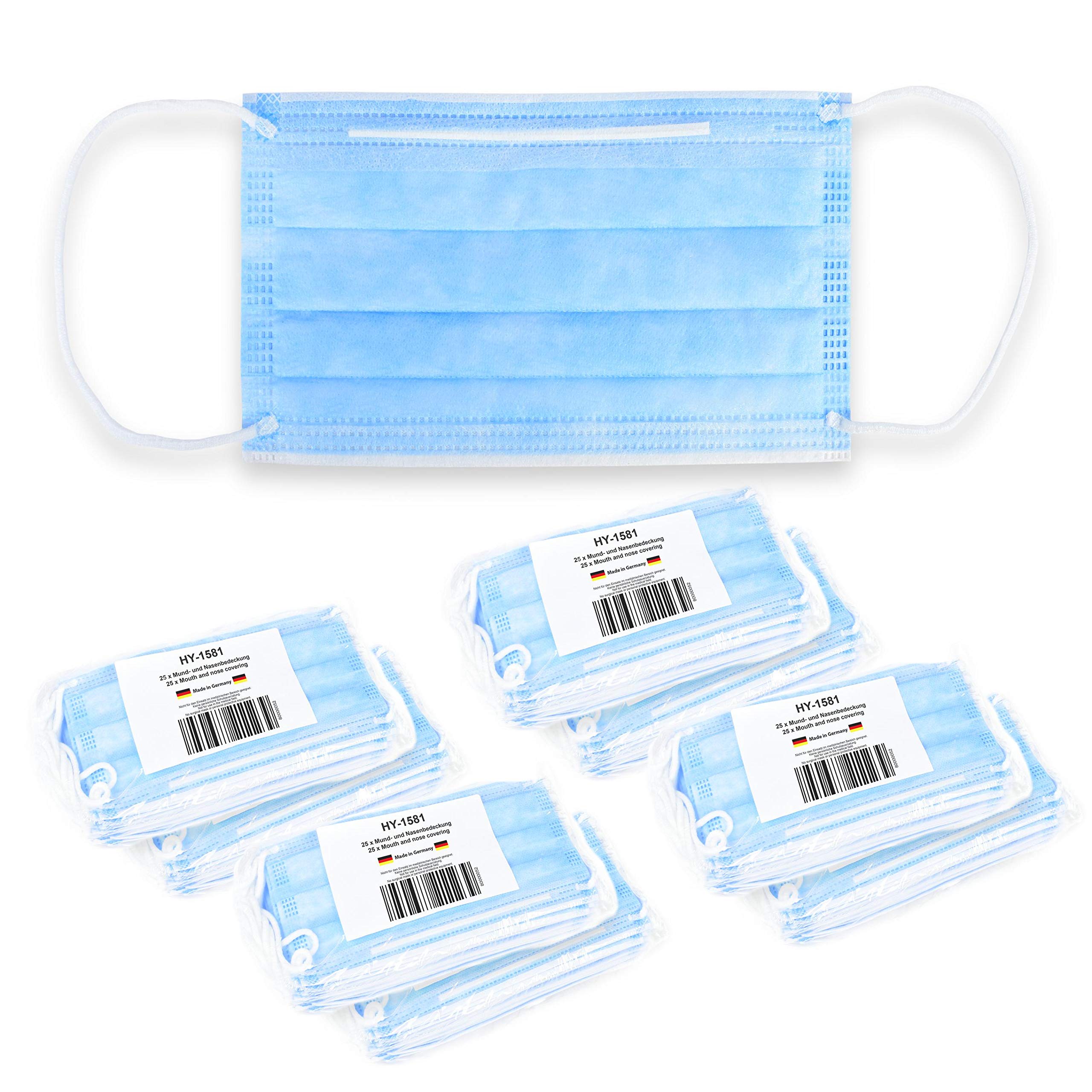 200 St. Mund und Nasenbedeckung Einweg, 3-lagig mit Vlies-Filter in blau | Maske mit Nasenbügel, für Brillenträger geeignet | Behelfs-Maske