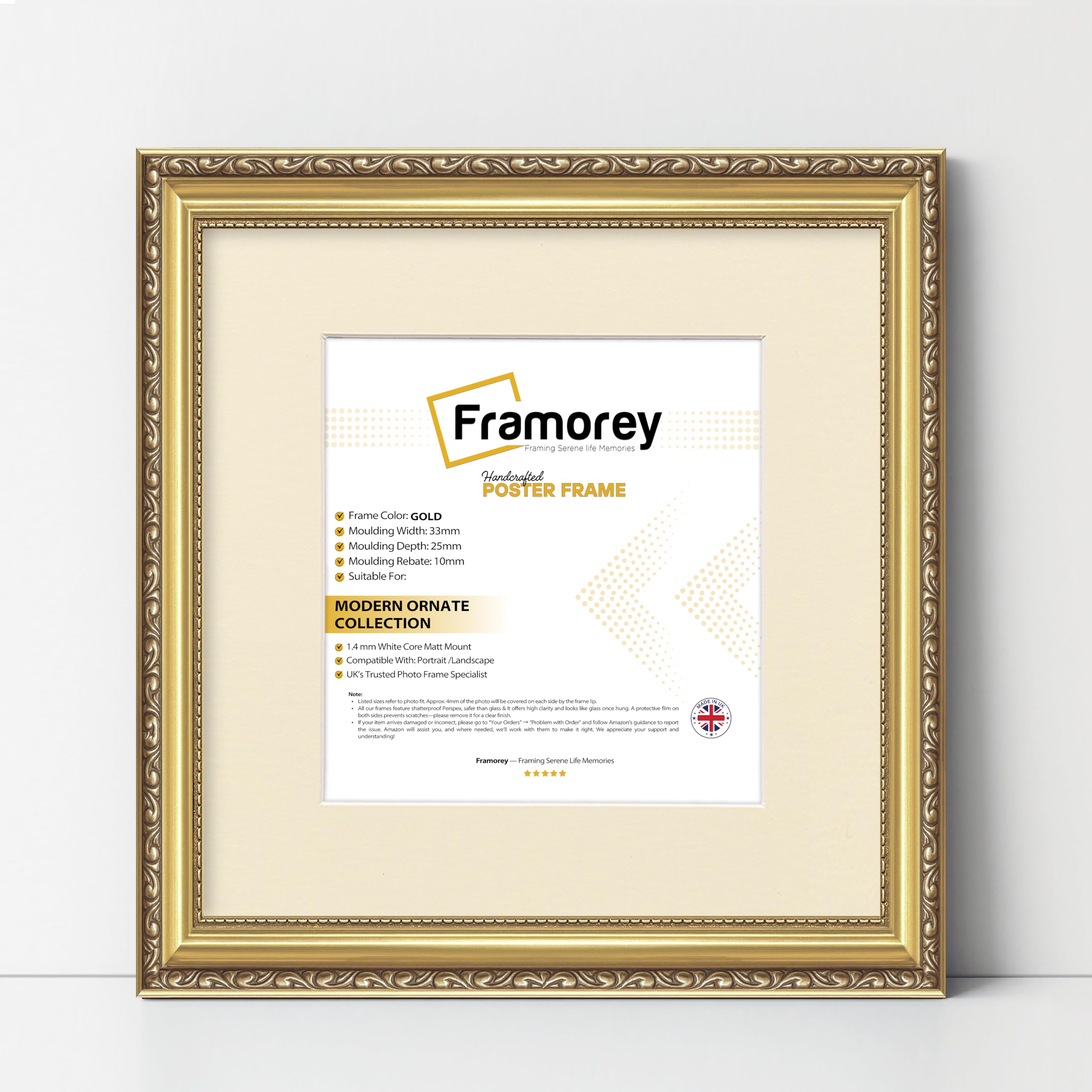 FRAMOREY Shabby Chic Antique Style Picture Frame, 25x25CM Square Size Gold Photo Frame With 20x20CM Size Ivory Mount, Wall Art Poster Frames With Clear Perspex Sheet,