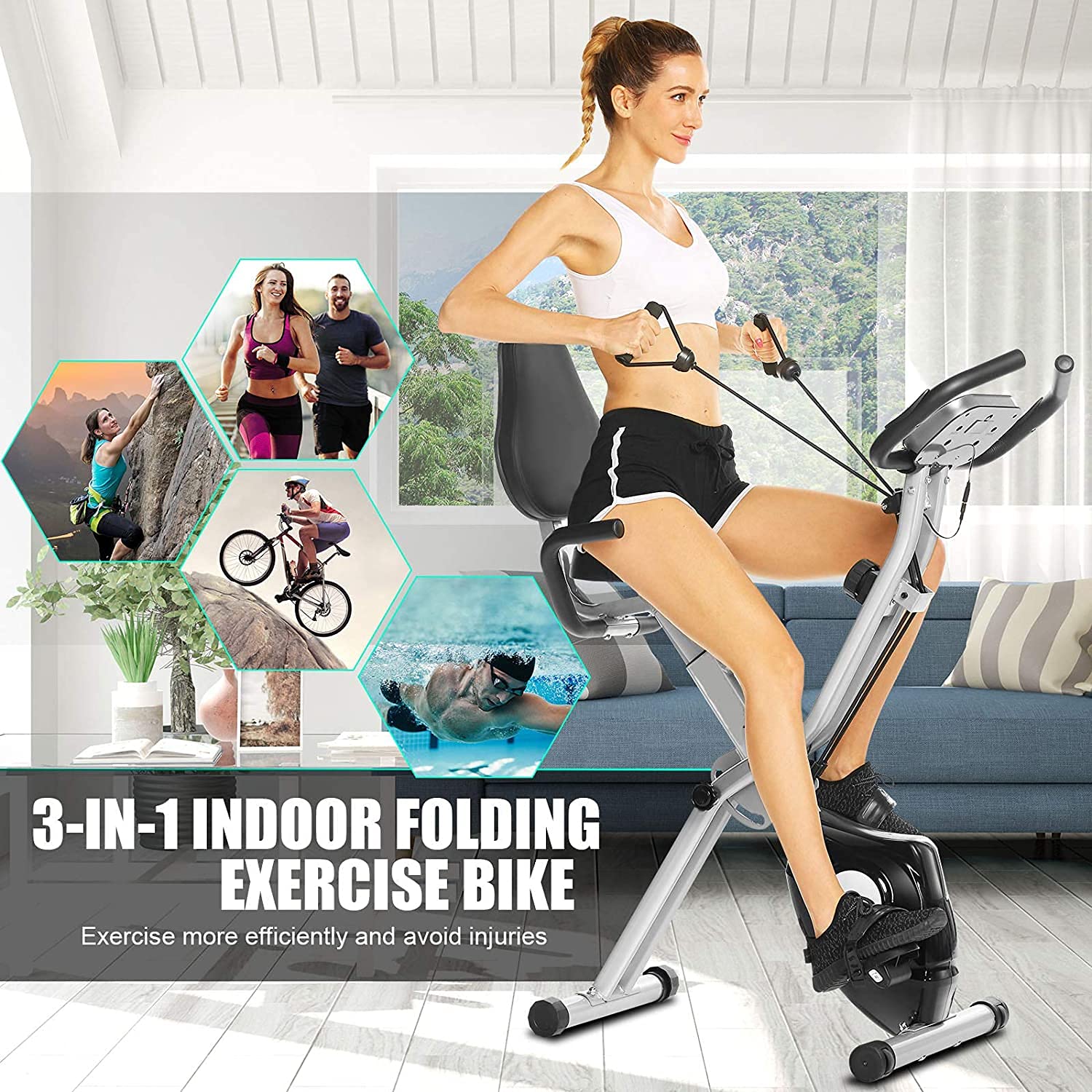 Cyclette Pieghevole Dskeuzeew - 8 Livelli Resistenza, Con Bande Braccia - Foto 5