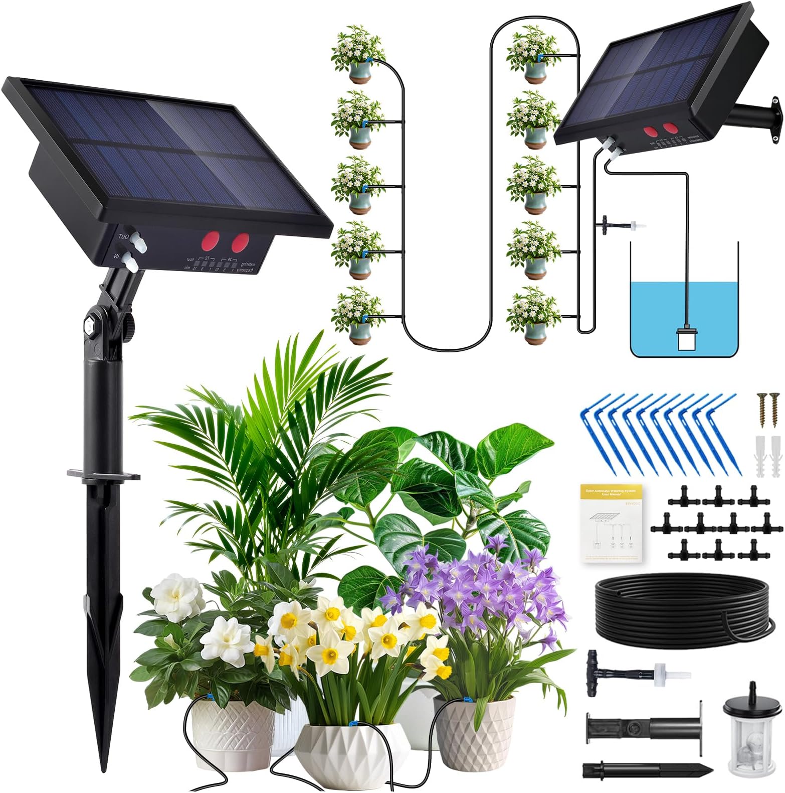Solar Irrigation System Kit, 10 Drippers/10m Watering Hose/6 Timing Modes,Self Watering System for Plants, Automatic Watering System for Pot Plants Greenhouse, Garden, Terrace, Outdoor