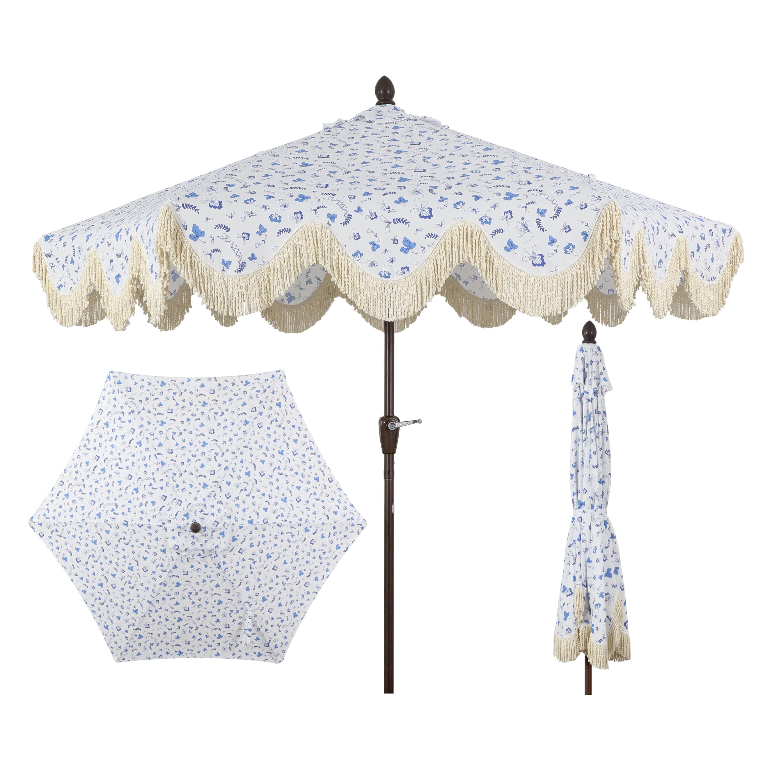 JONATHAN Y UMB1001H Collins 9 ft. Classic Cottage Tassel Market Patio Umbrella with Auto-Tilt, Crank, Wind Vent and UV Protection in Blue/White/Cream