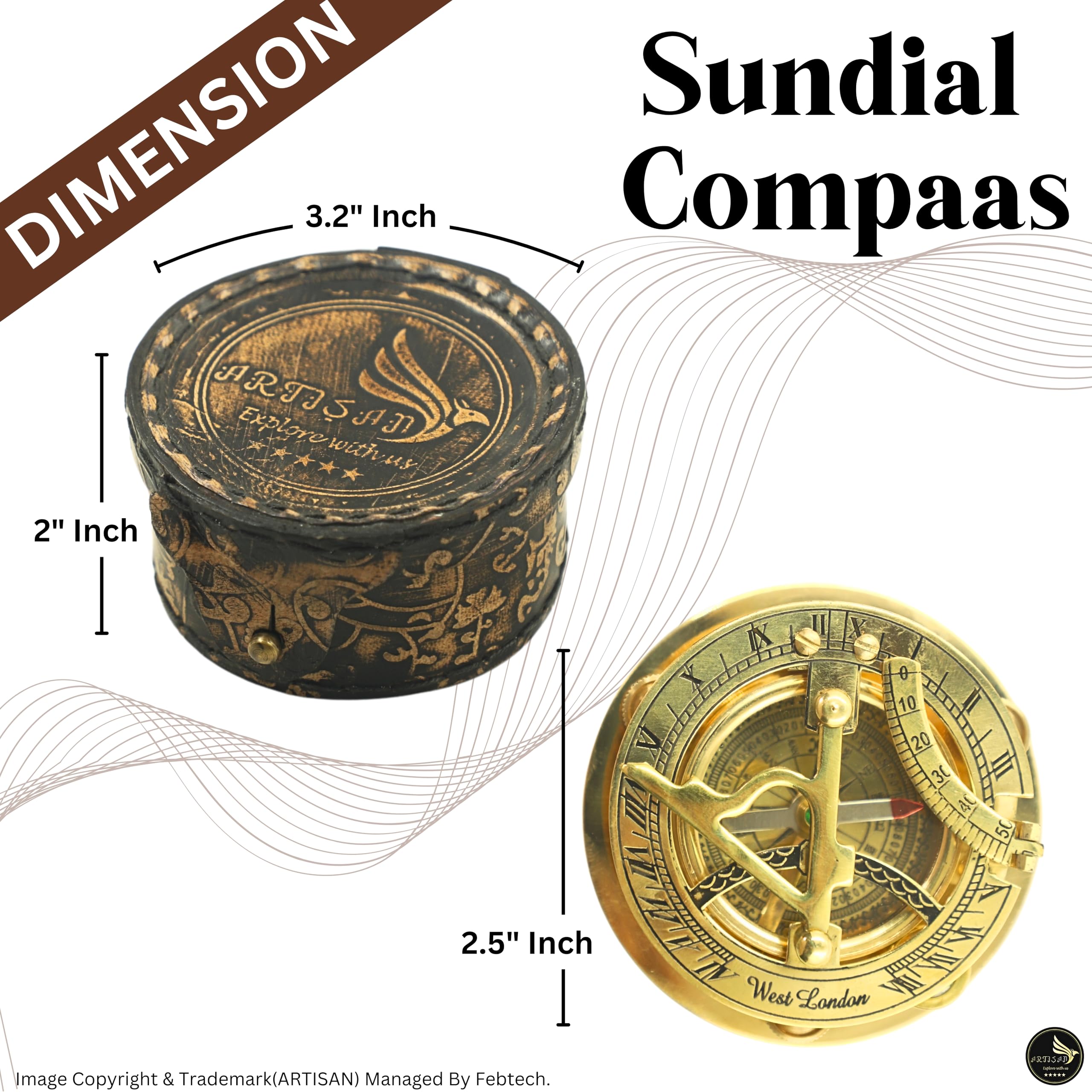 Brass Nautical - Sundial Compass with Intricate Detailing Comes in an Top Grain Leather Case - Premium Sundial Compass