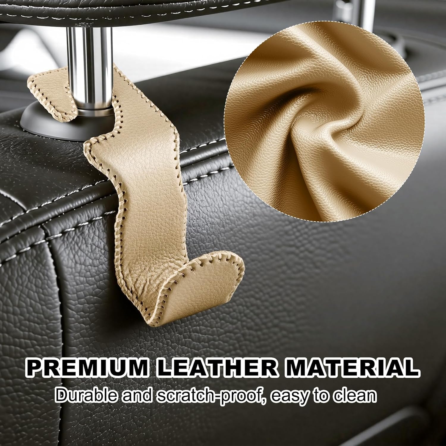 EldHus Car Seat Hooks for Purses and Bags, 4 Pack Car Purse Holder for Grocery Bag Handbag Clothes, Metal Headrest Hooks Covered by Leather, Beige image 3