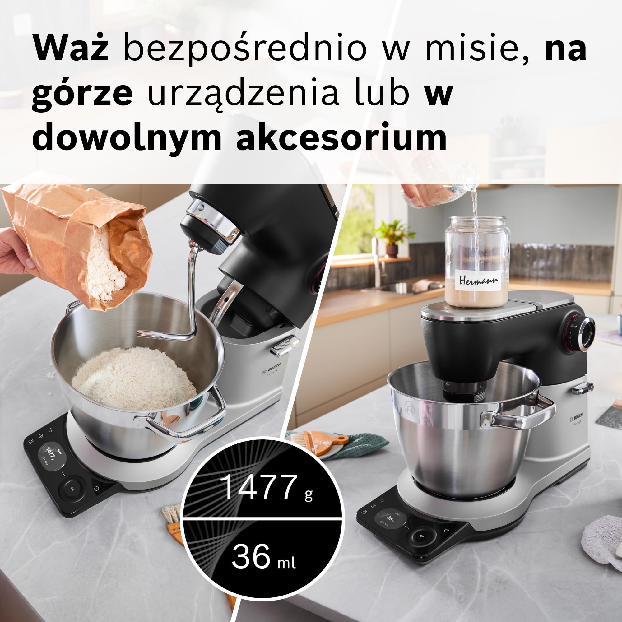 Bosch, robot kuchenny Serie 8, z wagą, silnik 1800 W chłodzony powietrzem, system mieszania planetarnego 3D, zestaw cukierniczya, misa 6,0 l, czarno-srebrna, metalowa obudowa, MUMS8ZS00
