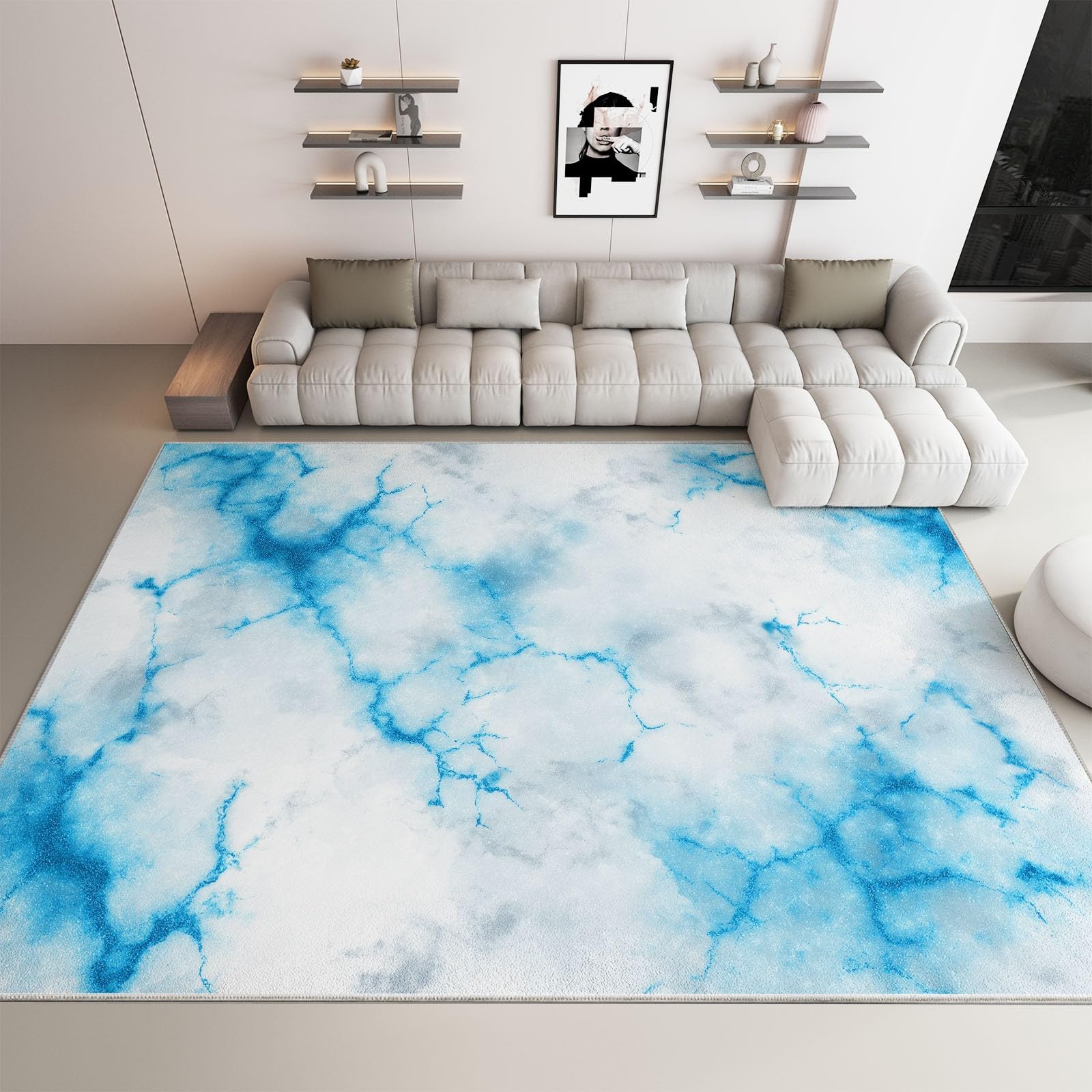 Tapis chambre adulte doux bleu texturé 120x180cm au design abstrait