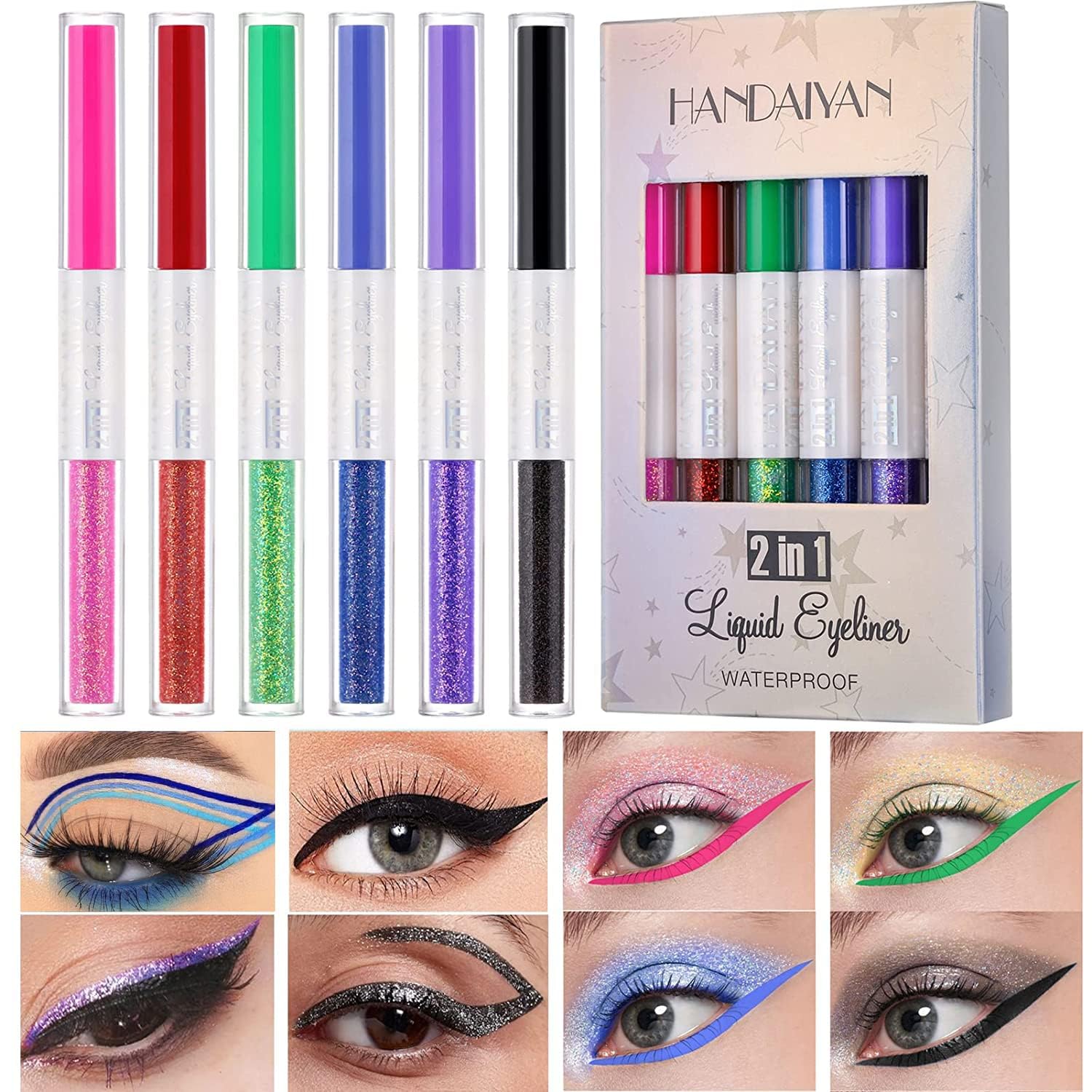 HANDAIYAN 2 in 1 Matte and Glitter Liquid Color Eyeliner Set 6 PCS Rainbow Colorful Shimmer Eyeliner Waterproof Smudgeproof Long Lasting Combo Makeup Gift Kit for Women (SET B)