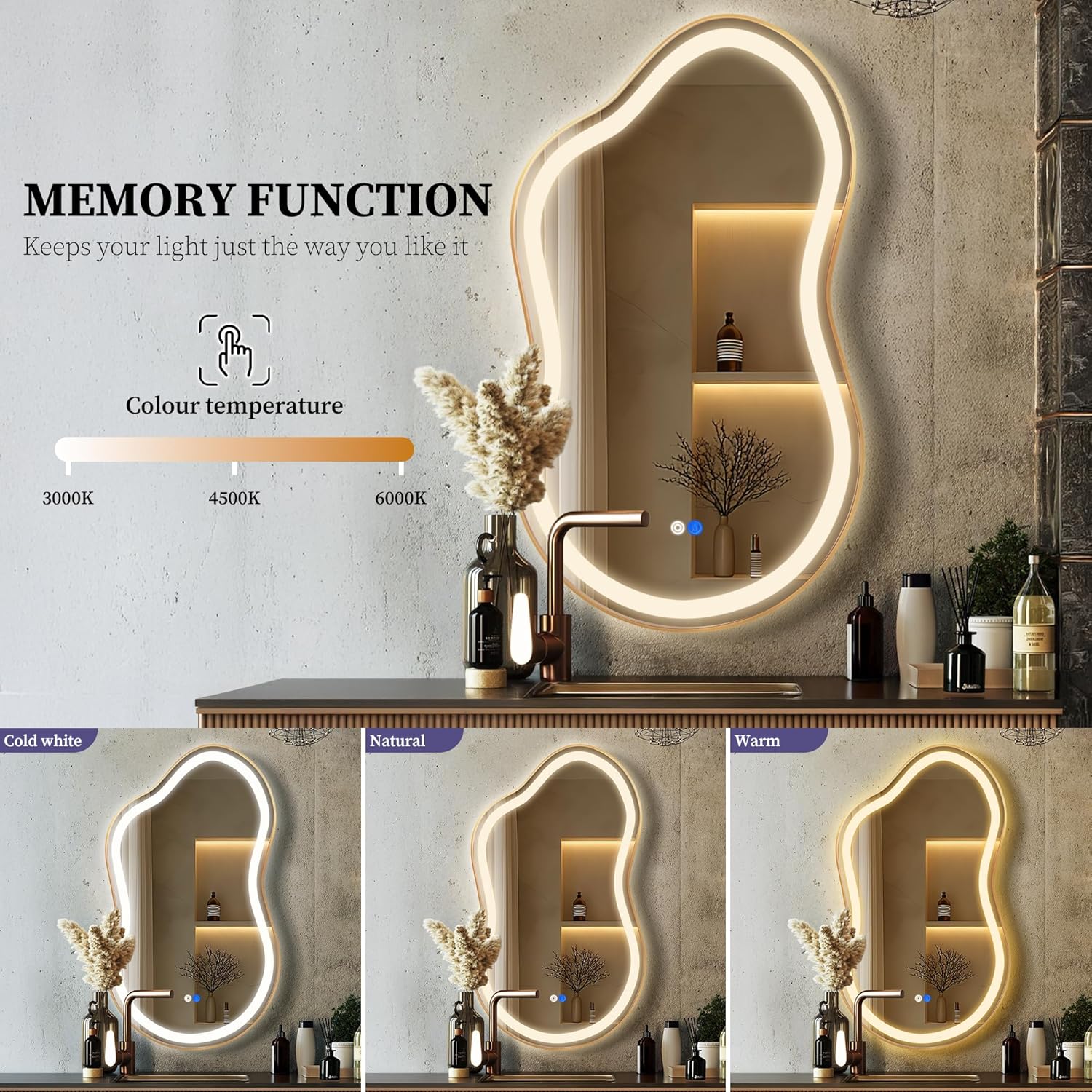 Irregular LED Bathroom Mirror with Lights, Cloud Smart Backlit Mirror, Dimmable Lighted Bathroom Gold Mirror with Anti-Fog, Asymmetrical Vanity Mirror Hangable 2 Ways (Gold, 20 x 36, 1 Pack)