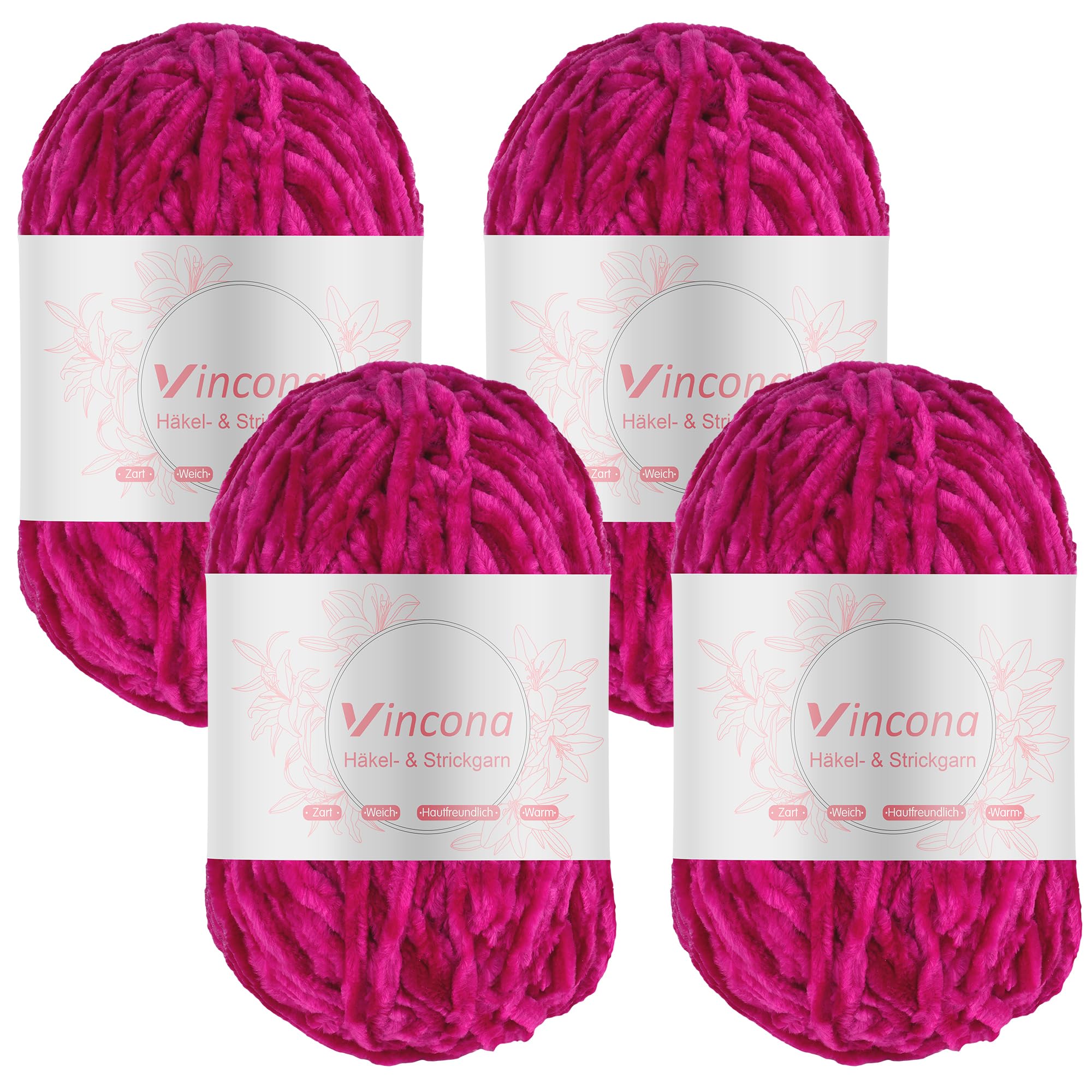 Vincona 4 x 100g Chenille Wolle zum Häkeln - Kuschelig und hautfreundlich，Garn zum Stricken und Häkeln
