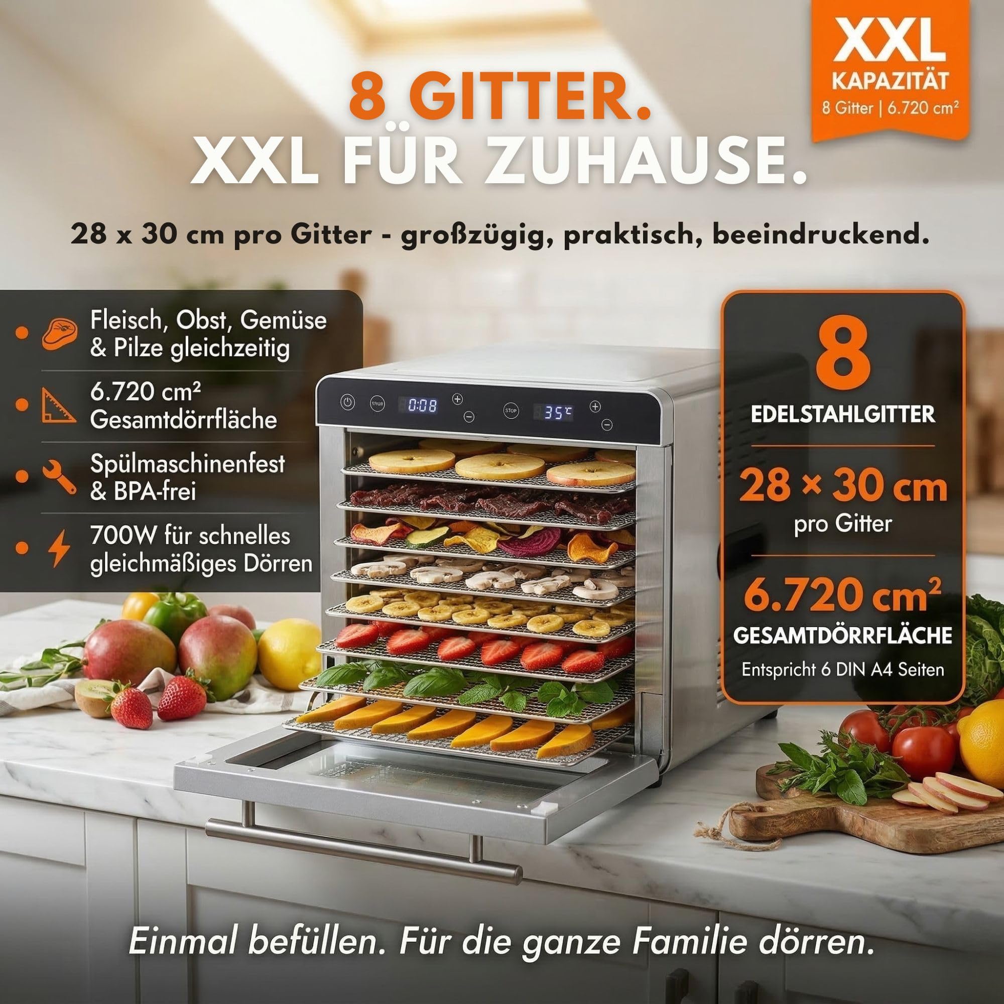 Sommertal Dörrautomat Silence 700 XXL | 8 Edelstahlgitter, 700W, BPA-frei | Food Dehydrator, Timer, LED-Display, Temperatur 35-85°C, Rezeptbuch, Dörrgerät für Obst, Fleisch, Gemüse & Kräuter