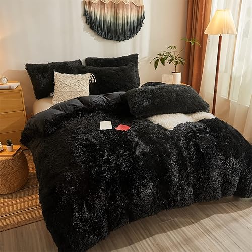 Juego de edredón de piel sintética color negro, tamaño Queen, edredón de piel alternativa al plumón de 3 piezas (1 edredón de felpa + 2 fundas de