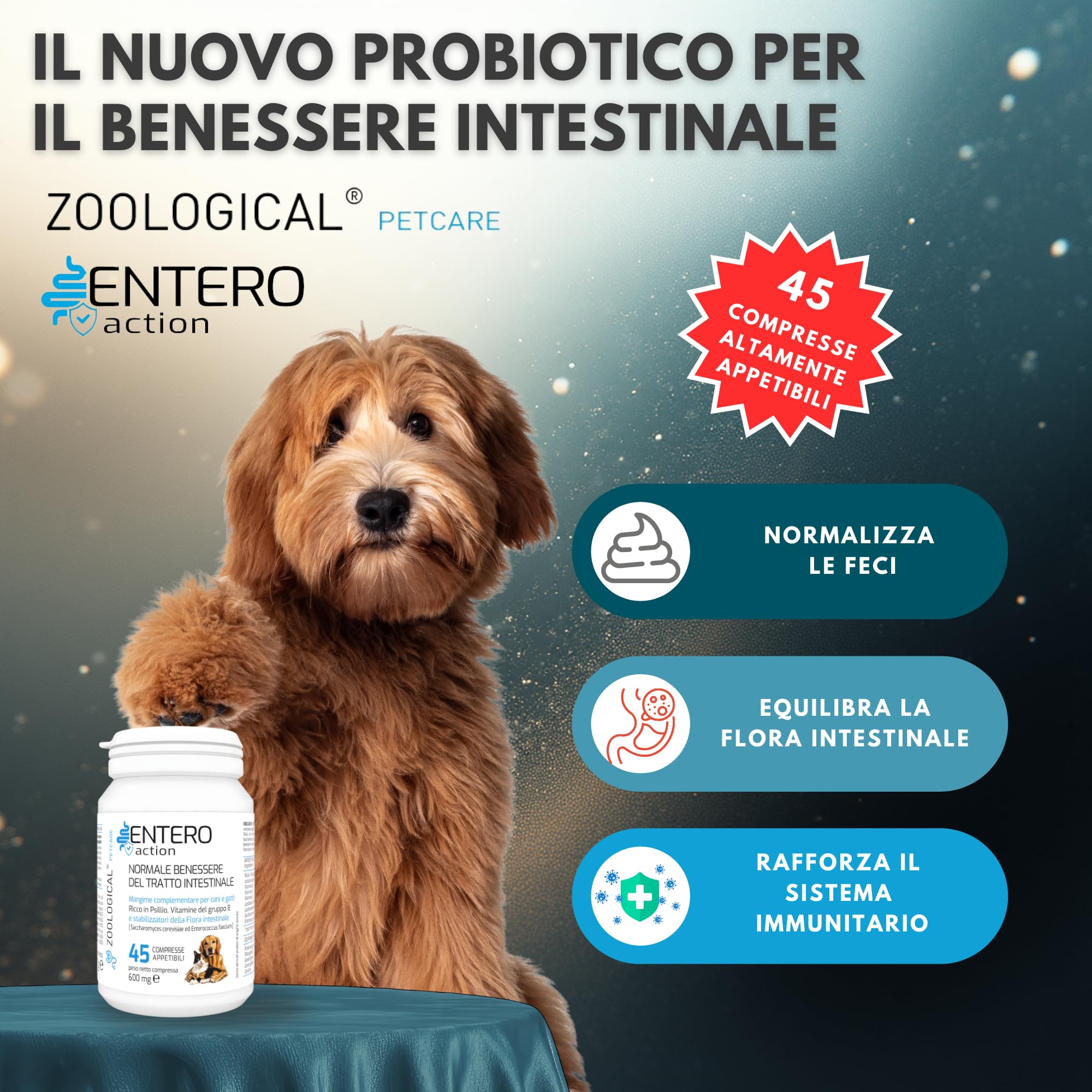 Zoological Probiotici per Cani e Gatti, 45 Compresse Appetibili, Fermenti Lattici per la Flora Intestinale con Prebiotici e Vitamina B, Rafforza il Sistema Immunitario, Normalizza le Feci