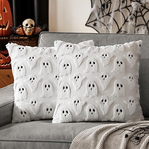 MIULEE Halloween Pillow Covers Cute Ghost Spooky Throw Pillows Set of 2 Soft Plush Faux Fur Decorative Cushion Covers for Couch Sofa Bed Porch Living Room Halloween Decor 18x18 inch White