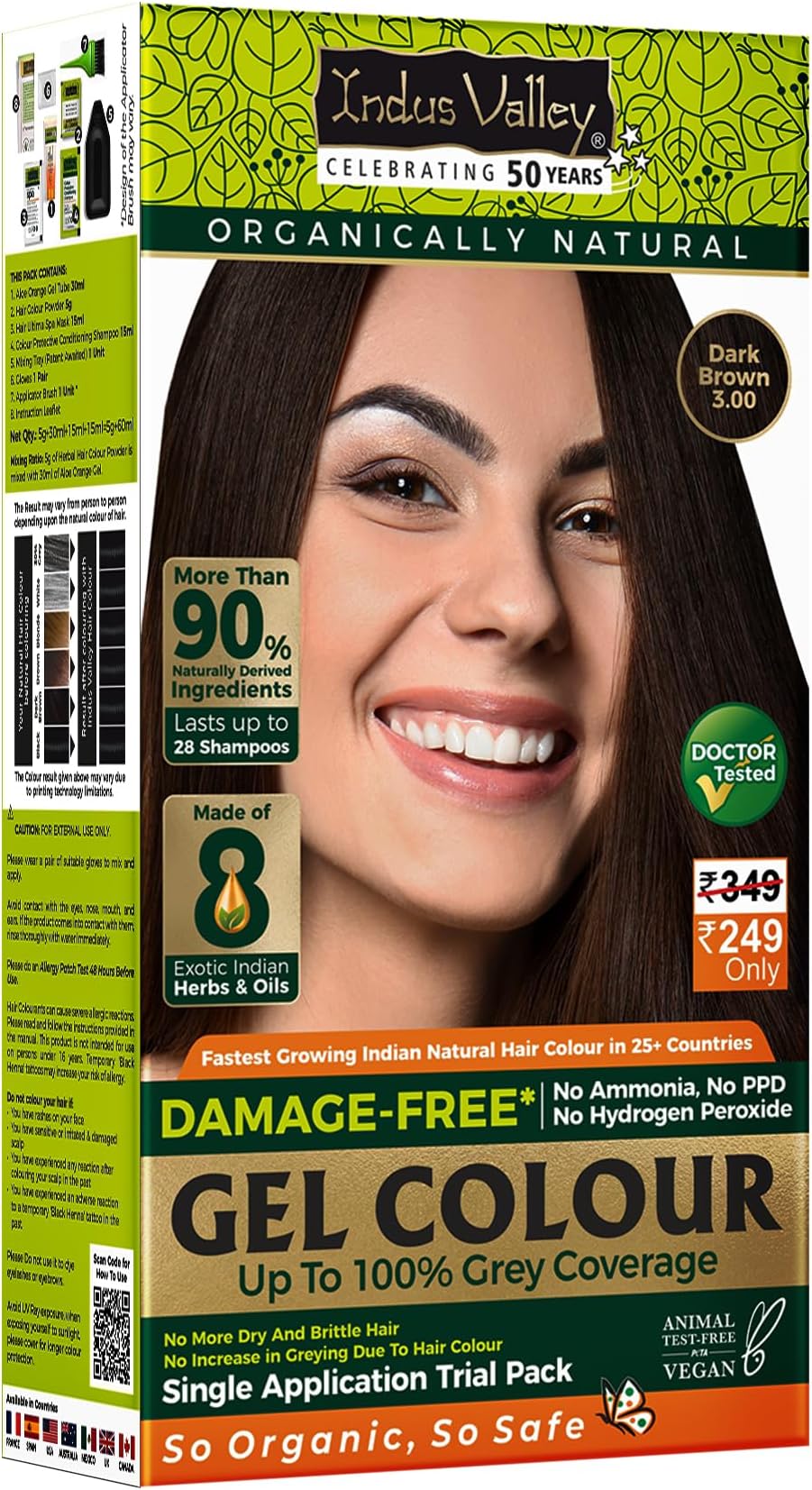 INDUS VALLEY Damage Free Natural Gel Hair Colour for Women | Dark Brown 3.00 | Ammonia & PPD Free | 100% Grey Coverage | Long Lasting Conditioning Colour | Trial Pack | 65 ml