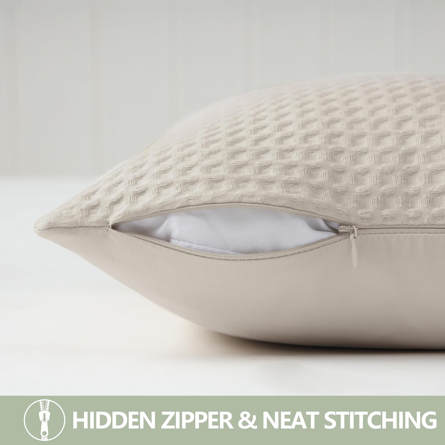 100% Egyptian Cotton 600 TC Waffle Weave Throw Pillow Covers 2 Pack, Ultra Soft Breathable Euro Pillow Shams Covers, Decorative Cushion Covers for Bed Couch Sofa Car, No Insert, Beige, 26" x 26" - Image 4