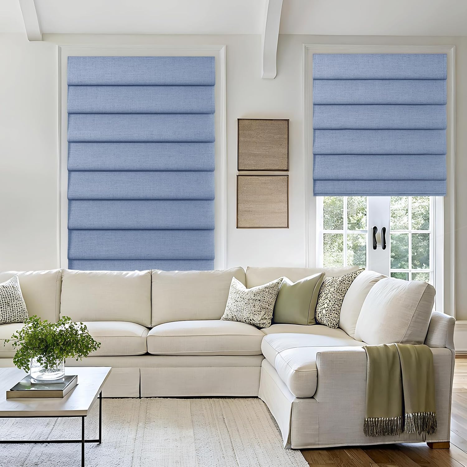 Drapifytex Hobbled Fold Cordless Roman Shade Aegean Blue Faux Linen Blackout Roman Blind for Kitchen Windows, Custom Made Room Darkening Window Treatment Washable Fabric Shade, 1 Piece
