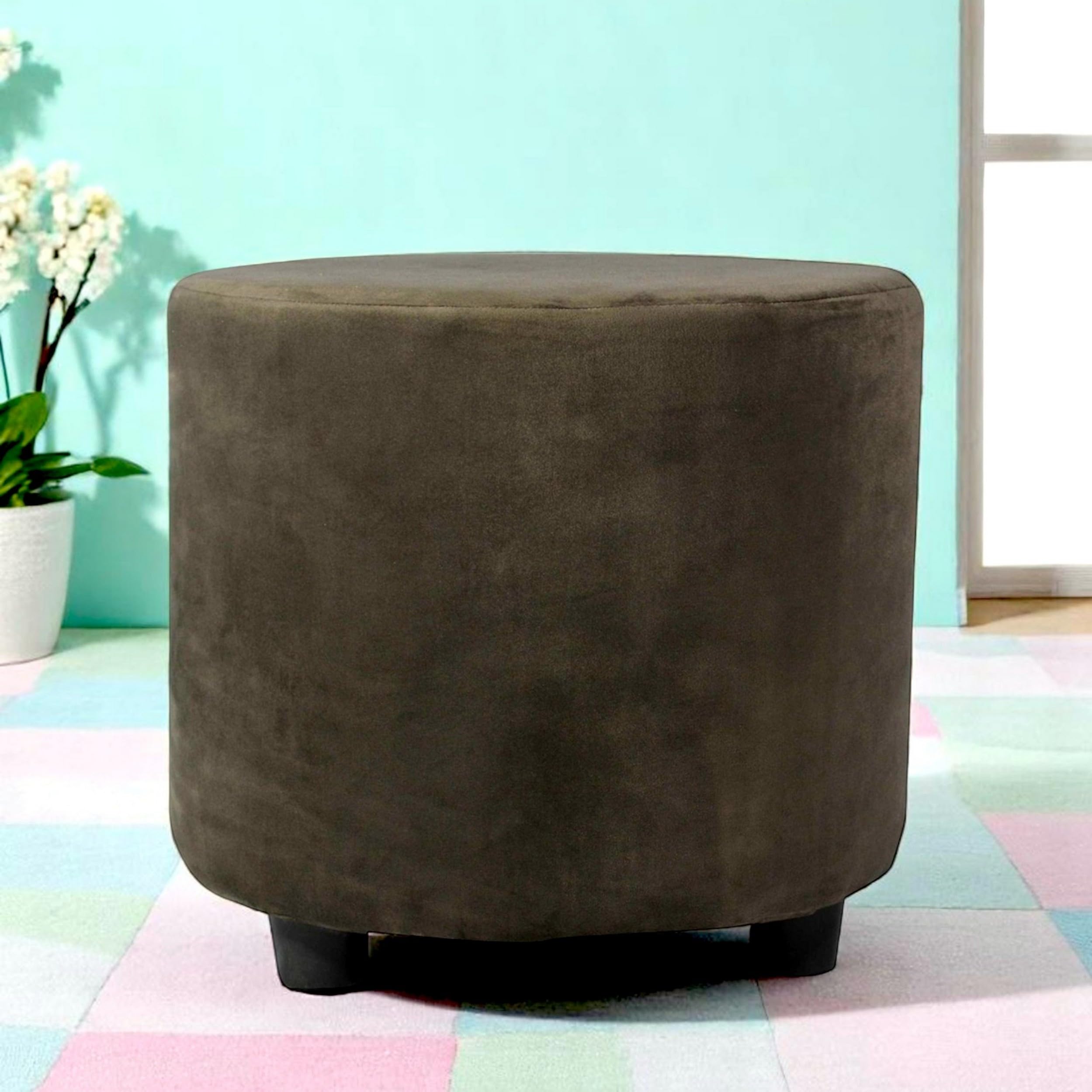 Ikiriya Lisbon Solid Wood Contemporary Round Ottoman/Pouffee/Pouf Stool/Stool in Taupe Brown Velvet Upholstery for Living Room | Drawing Room | Bedroom | Hallway | Balcony | Home | Dining Room-image-26