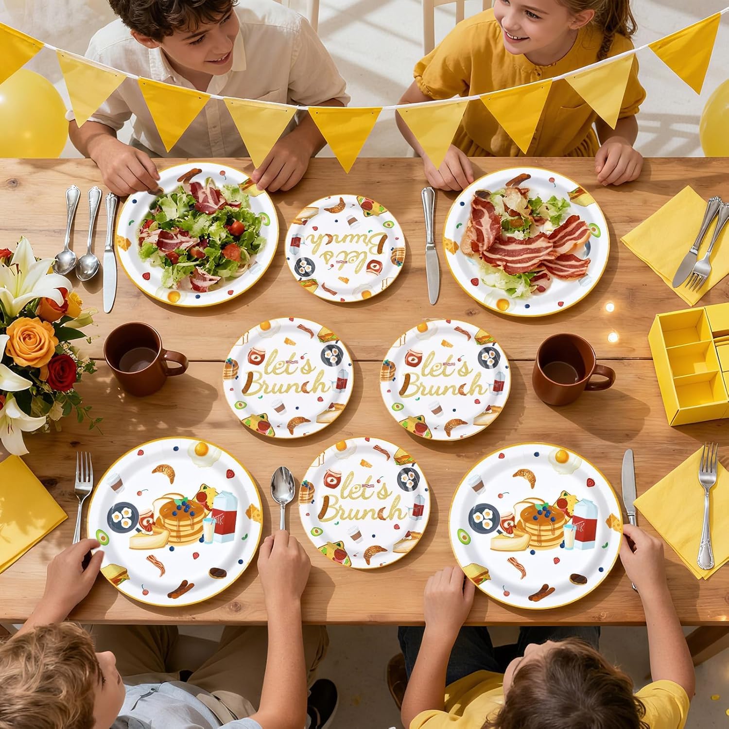 96Pcs Let's Brunch Party Supplies Breakfast Food Theme Plates and Napkins Brunch Tableware Set for Birthday Baby Shower Bachelorette Bridal Shower Party Supplies，Serves 24