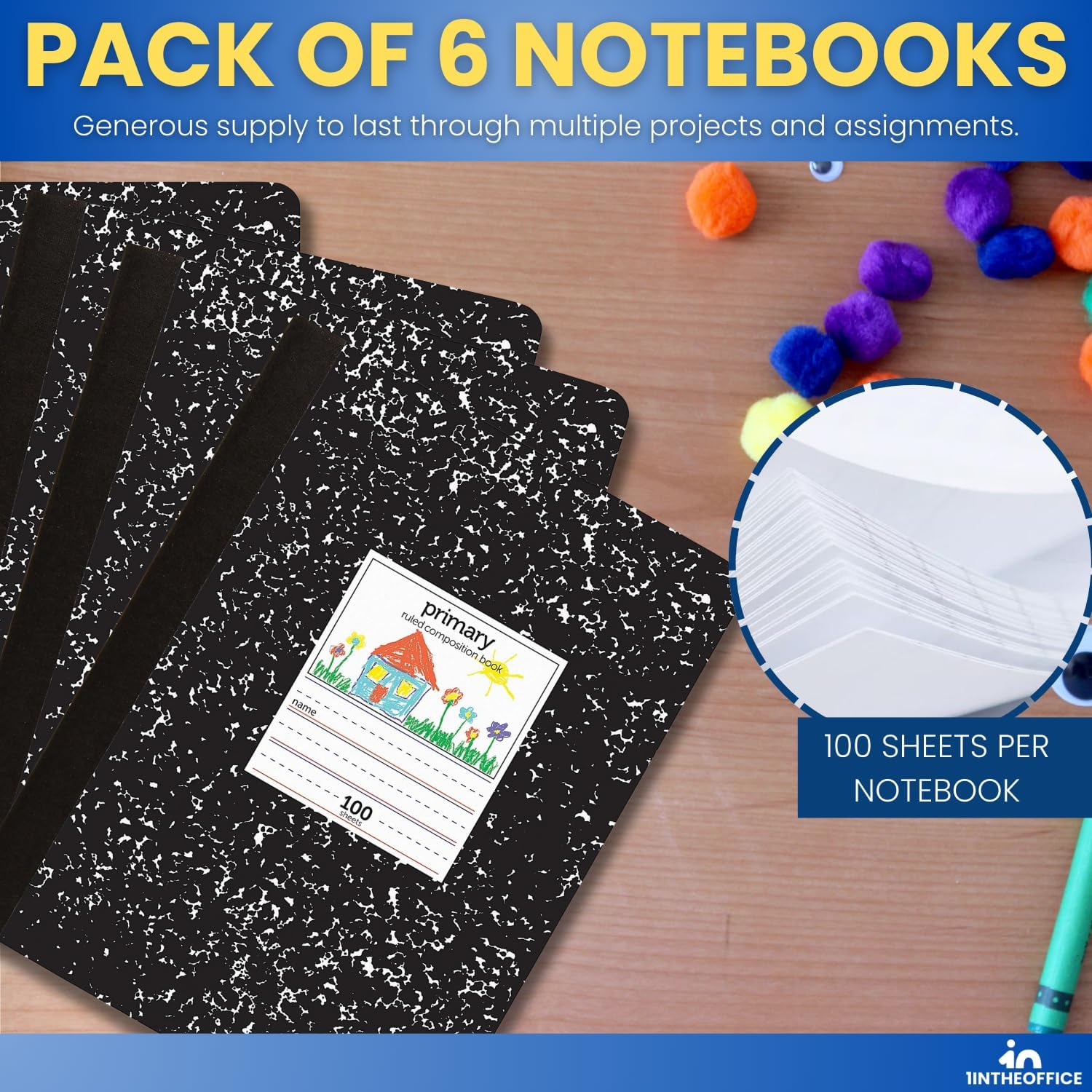 1InTheOffice Primary Composition Notebook, 7 1/2" x 9 3/4", Unruled/Primary Ruled, 100 Sheets, 6 Pack