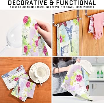 Vintage Eiffel Tower Rose Dishcloths Sets, 28x18 Inch Decorative Kitchen Towels Spring, Set of 6
