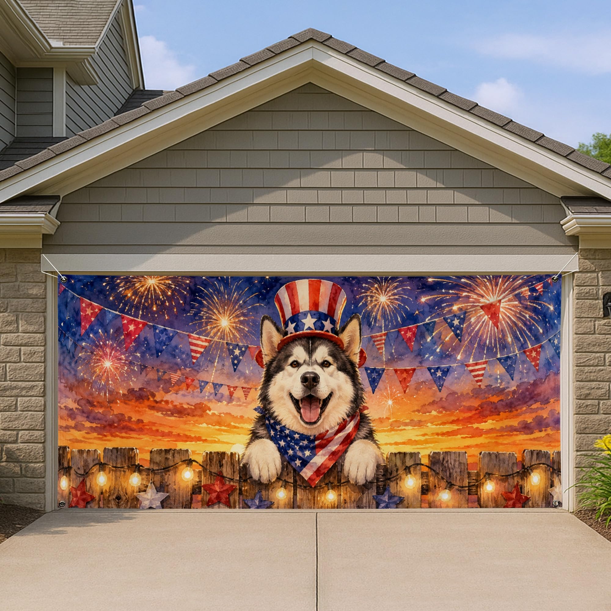 Décoration extérieure du 4 juillet : bâche de garage motif chien et feux d'artifice