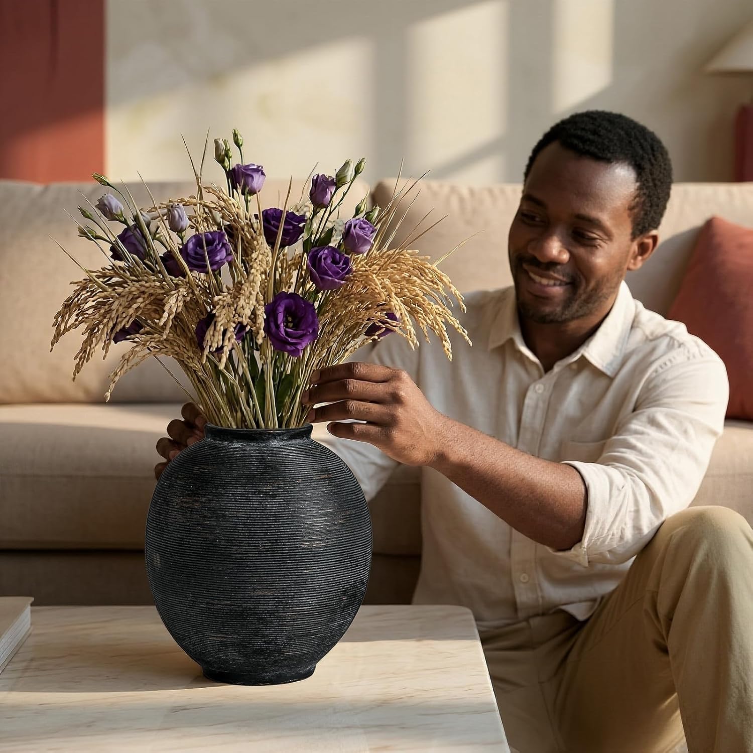 Black Ceramic Flower Vase Home Decor, Large Round Farmhouse Table Vases Rustic Vintage Living Room Entrway Kitchen Bedroom Decorations,Minimalist Hand-Made Textured Vase (9.8” H Black Bronze) - Image 6