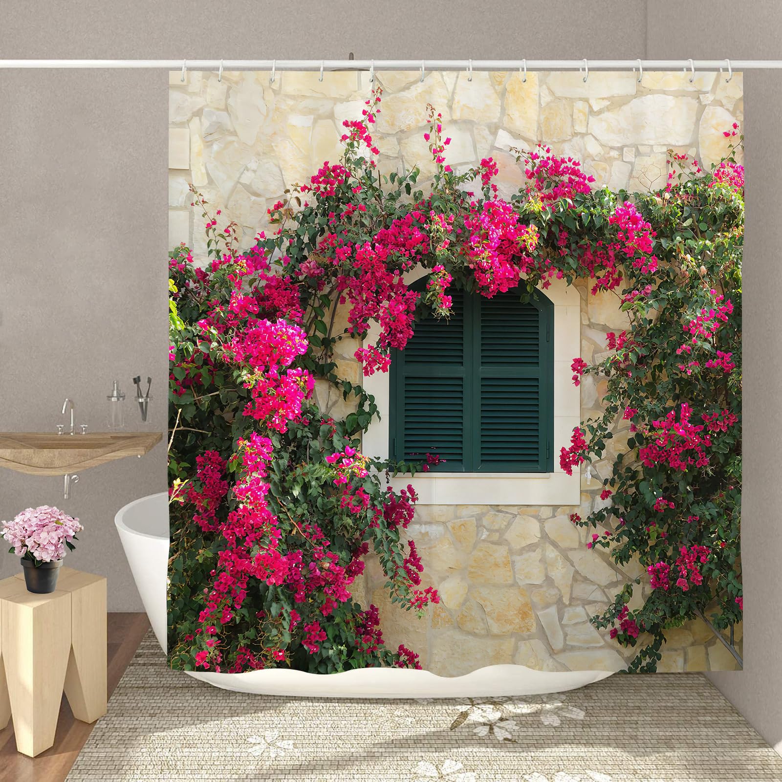 GOOESING Garden Shower Curtain Pink Purple Flower Vines Shower Curtain Landscape Bath Curtain with Hooks Bathroom Decor Washable Waterproof Fabric 180x180cm - Image 4