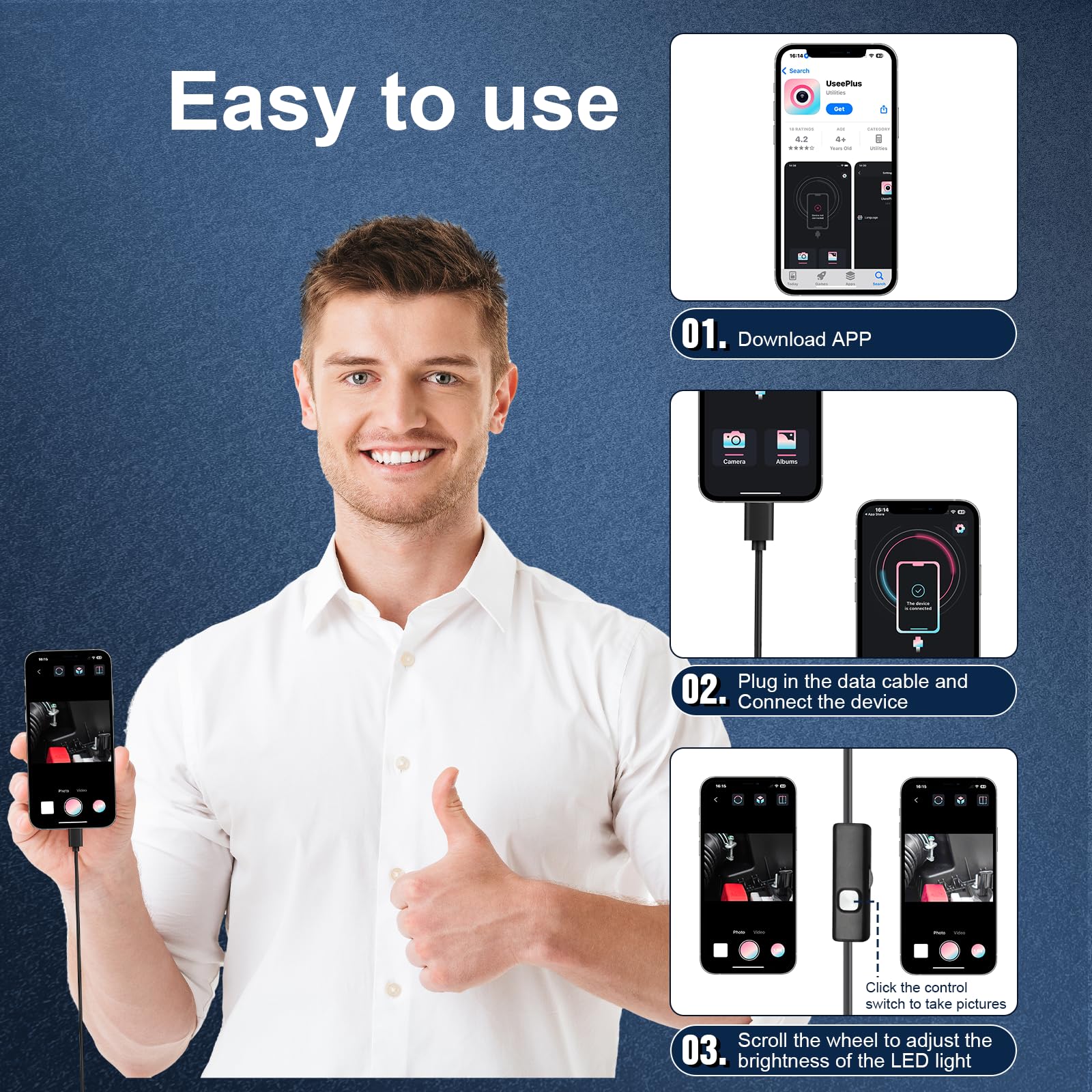 Cozary Endoscopio per Smartphone con Luce, 1920P HD Sonda Telecamera Endoscopica, IP67 Sonda Impermeabile, Endoscopio con 8 LED, non c'è bisogno di Wi-Fi, per Auto, Casa, Tubature (32.8ft/10m)