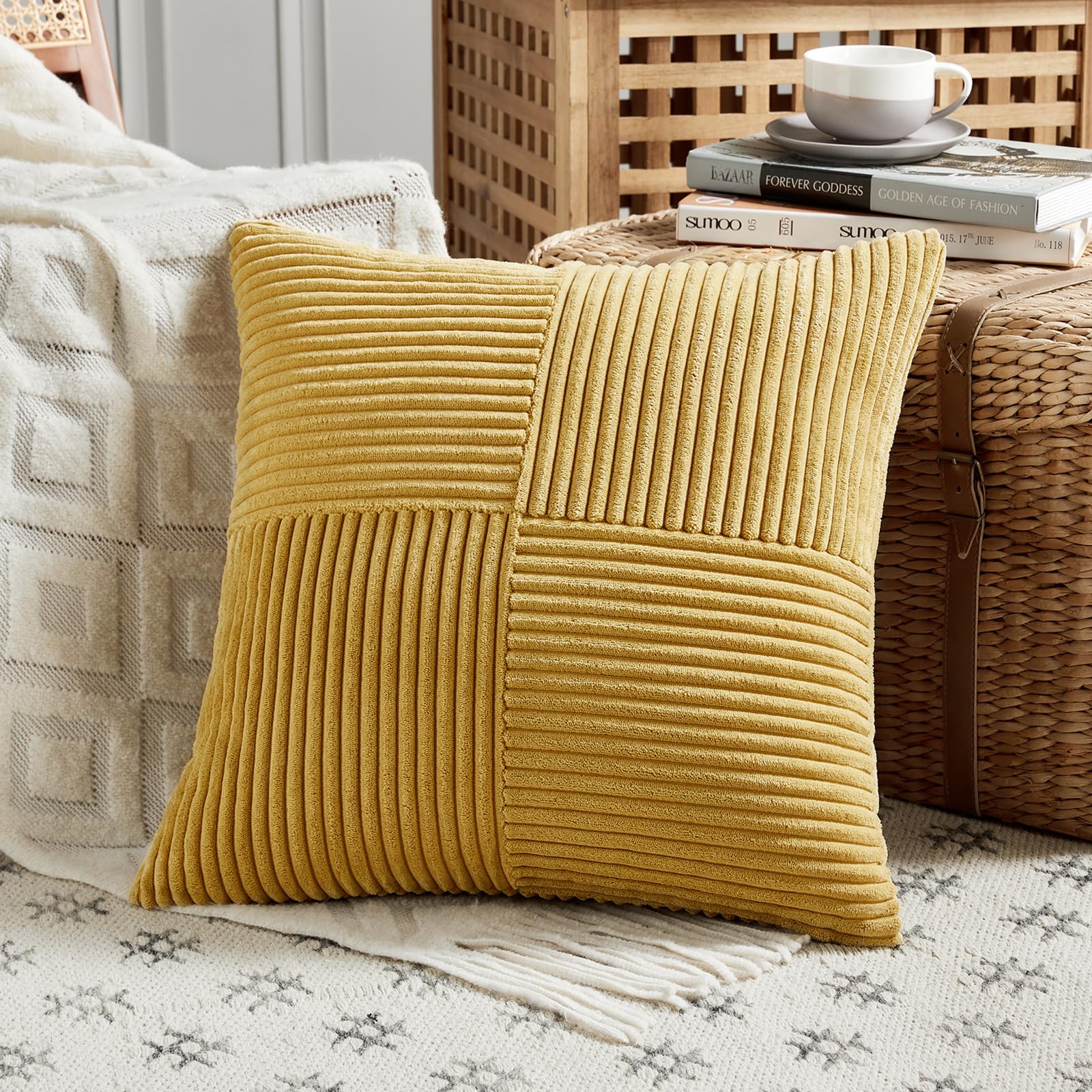 FDTERN Mustard Yellow Decorative Throw Pillow Covers 16x16 Inch for Living Room Couch Bed, Rustic Farmhouse Boho Home Decor, Soft Corss Patchwork Corduroy Textured Cushion Covers 40x40 cm — image 1