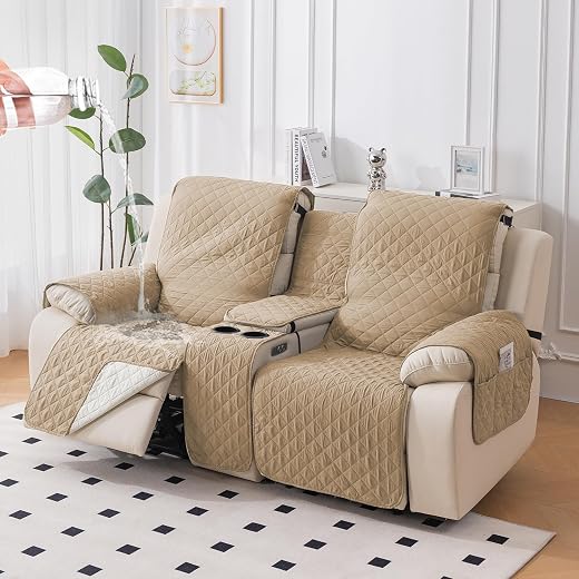 HOKIPO Quilted Water Repellent 2 Seater Recliner Sofa Cover Mat with Console | Quilted Non-Slip Recliner Sofa 2 Seater Cov...