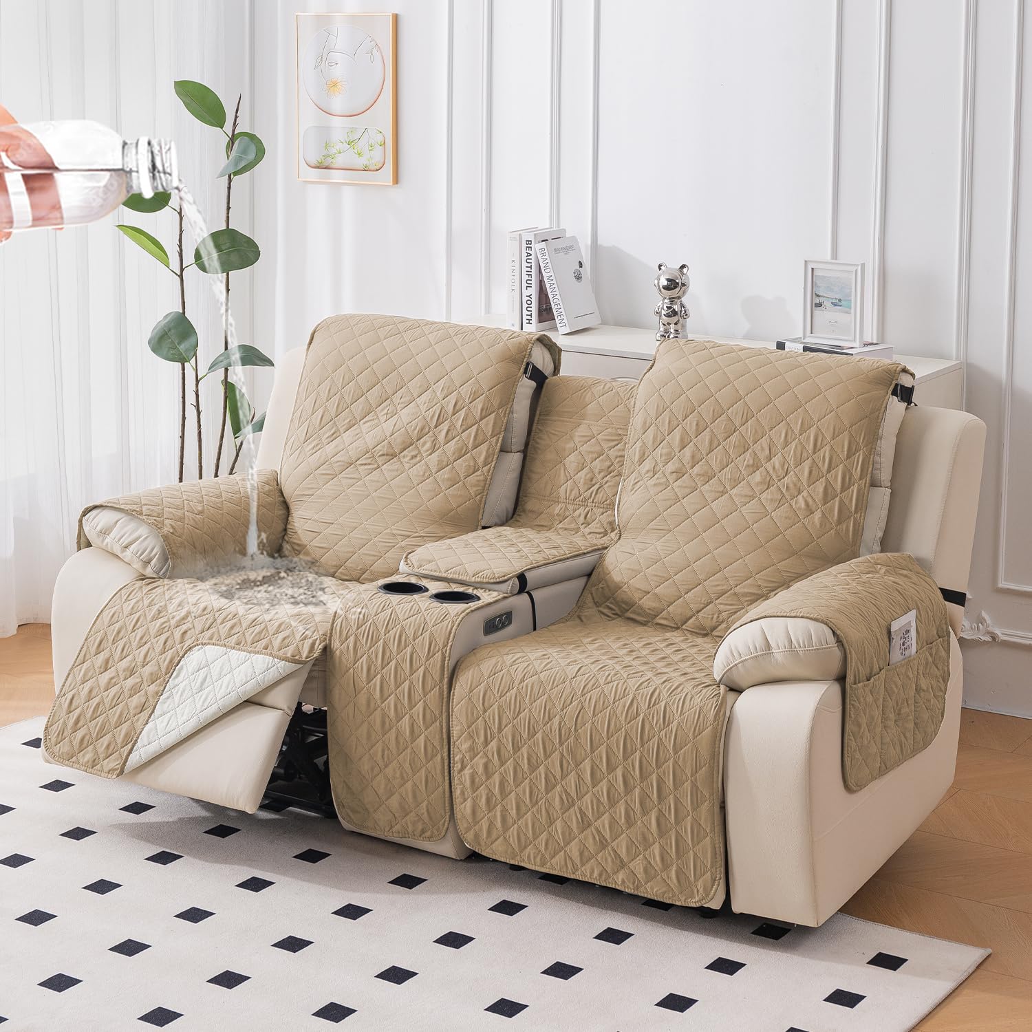 HOKIPO Quilted Water Repellent 2 Seater Recliner Sofa Cover Mat with Console | Quilted Non-Slip Recliner Sofa 2 Seater Cov
