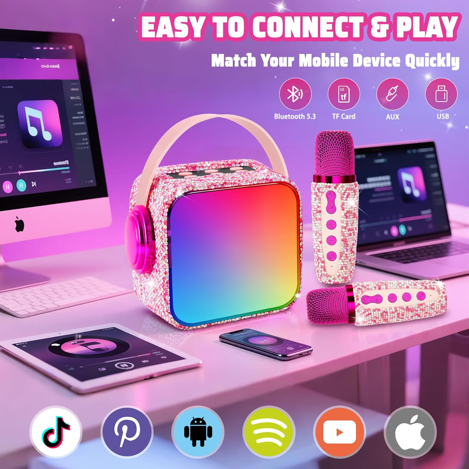Karaoke Machine for Kids, Birthday Gifts for 3 4 5 6 7 8 9 10 11 Year Old Girl Boy, Portable Speaker with Colorful LED Lights and 2 Mics, Toys for Ages 3-12 (Pink-1)