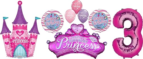 Decoración de ramo de globos de castillo y corona de princesa para fiesta de tercer cumpleaños