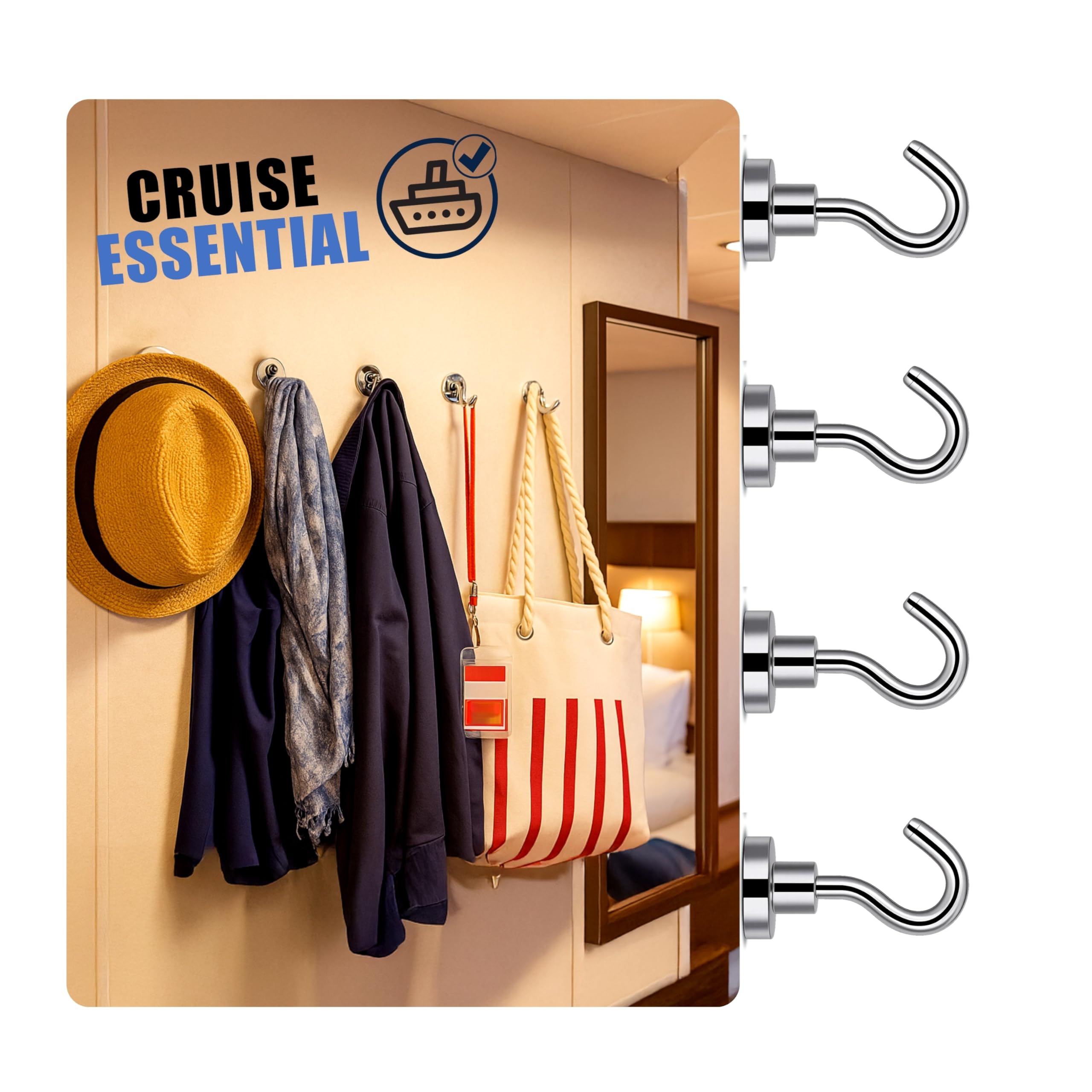 Cruise Cabin Magnetic Hooks (4 Pack) – 24kg / 53lbs – Extra Strong, Heavy Duty – Perfect for Hanging Towels, Hats, Bags – for All Cruise Ships Including P&O, Marella – Cruise Essentials by AnchorsUp