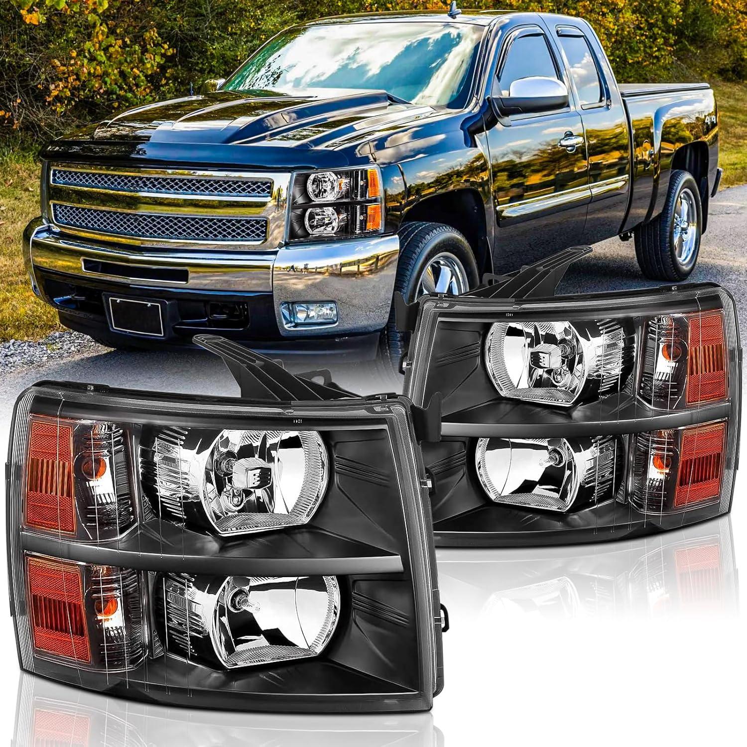 Headlights Assembly Pair for 2007-2013 Chevy Silverado 1500/2007-2014 Chevy Silverado 2500HD 3500HD Headlamps Head Front Lights Replacement Driver and Passenger Side, Black Housing Amber Reflector