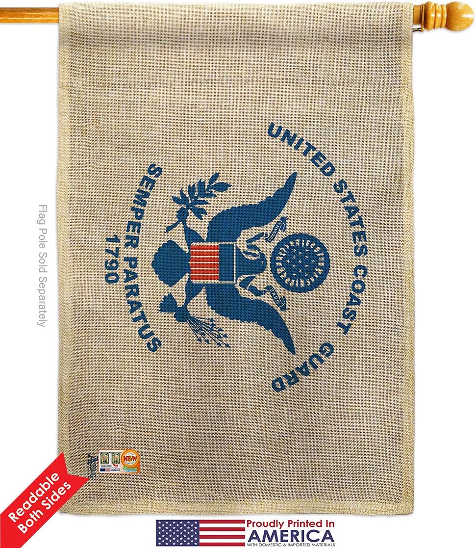 Coast Guard Burlap House Flag Dowel Set Armed Forces USCG Semper Paratus United State American Military Veteran Retire Official Small Decorative Gift Yard Banner Double-Sided Made In USA 28 X 40