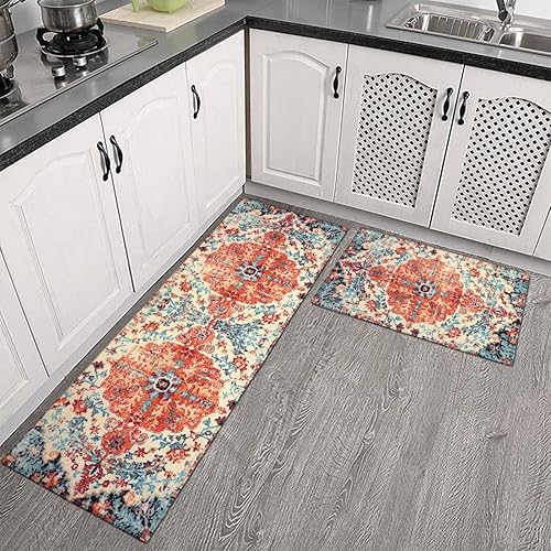 Miniatura 1 de Juego de 2 tapetes de cocina de estilo bohemio para piso, diseño de medallones florales bohemios, vintage, antideslizantes, lavables, tapetes de