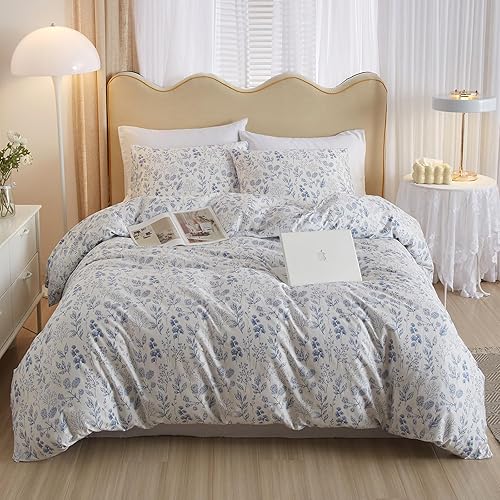 HighBuy Juego de ropa de cama con diseño botánico floral, tamaño Queen, suave, de punto jersey con 2 fundas de almohada, diseño de flores pequeñas y