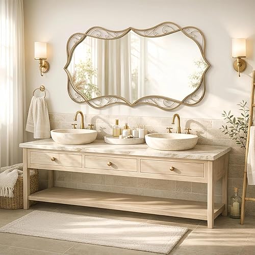 Miniatura 19 de Besdomus Espejo de pared dorado para baño: espejo grande antiguo de 24 x 48 pulgadas para pared, colgante vertical u horizontal, decoración del Oro