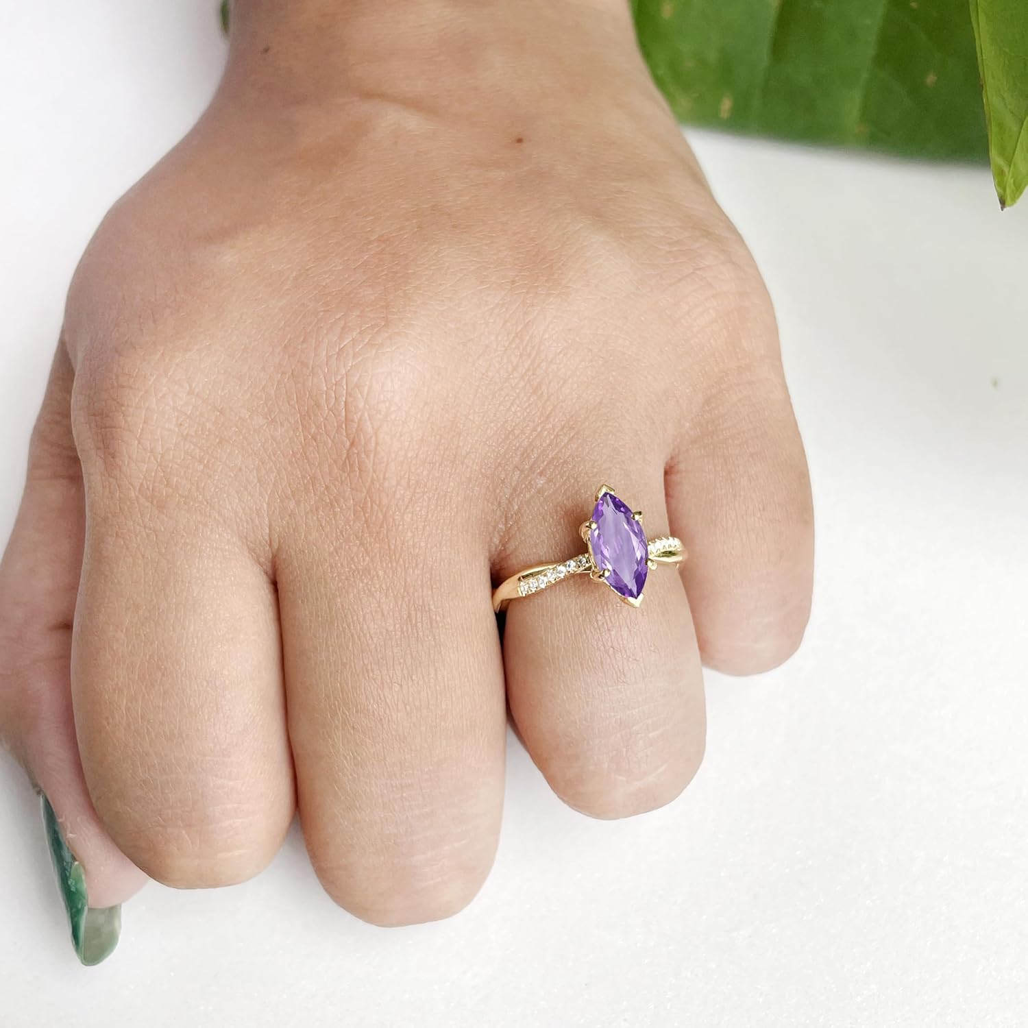 1.00 Carat Marquise Cut Amethyst & Diamond Twisted Solitaire With Accent Engagement Ring For Women, 14K Gold Plated 925 Silver February Birthstone Amethyst Swirl Bypass Bridal Side Stone Ring