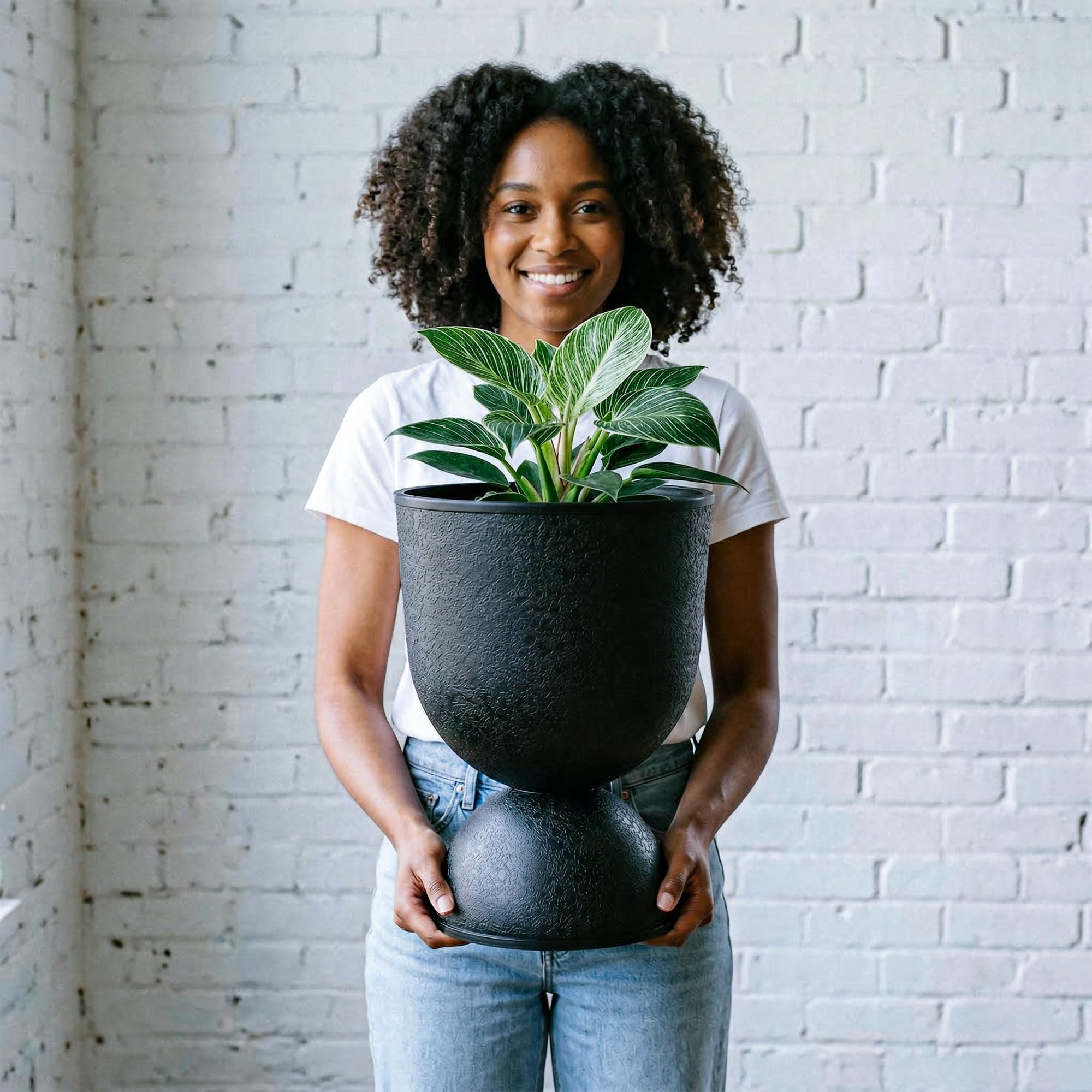 KOL Macetas para flores, macetas de plástico para plantas de interior y exterior, macetas de pedestal negro, 2 unidades, macetas decorativas de 18 pulgadas de alto con agujeros de drenaje y tapones