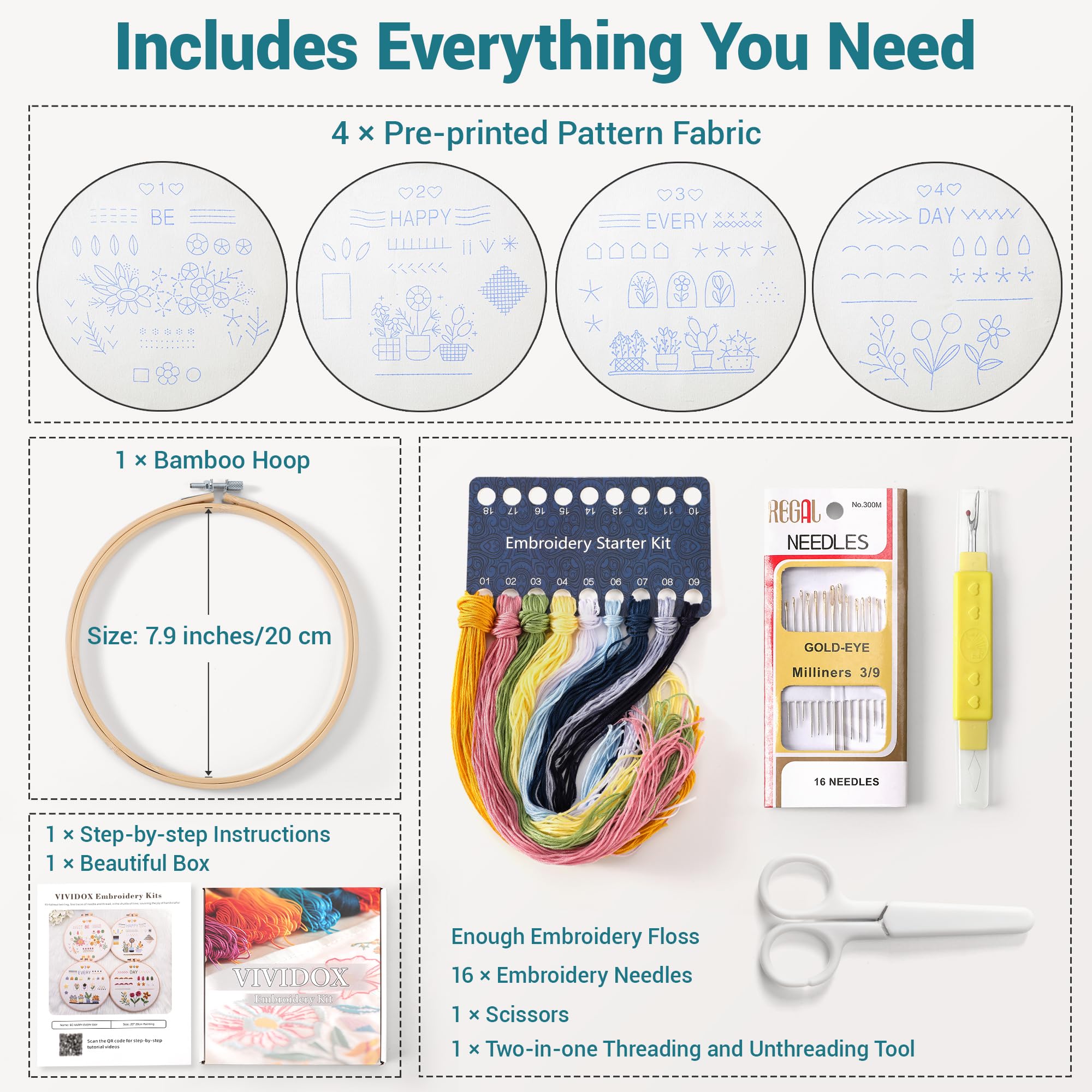 VIVIDOX 4 Sets Embroidery Kit for Beginners Adults, 25 Stitches Practice Kits Cross Stitch for Starter, DIY Hand Craft with Stamped Pattern, Bamboo Hoop, Threads, Scissors, Tools, Instruction