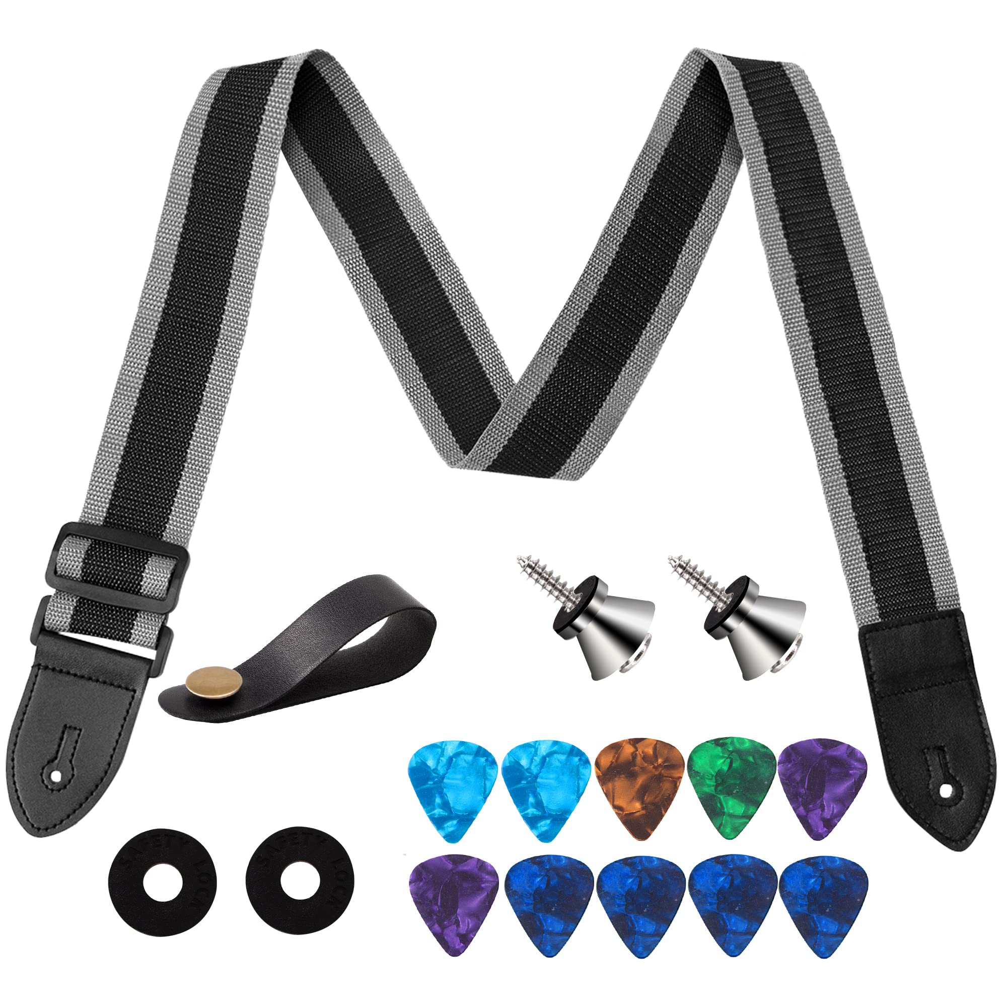 HOTKMB Guitar Strap Adjustable Guitar Shoulder Strap with 1 Button Headstock Adapto and 10 Guitar Picks and 2 Guitar Strap Button and 2 Strap Locks for Bass Electric Guitars, Ukulele