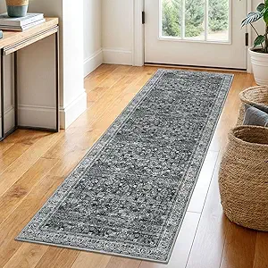 2x6 Moss Charcoal Washable Runner Rug for Hallways, Soft Neutral Vintage Kitchen Rugs with Non-Slip, Non-Shedding Distressed Floral Rug for Entryway Porch Kitchen Bedroom Laundry