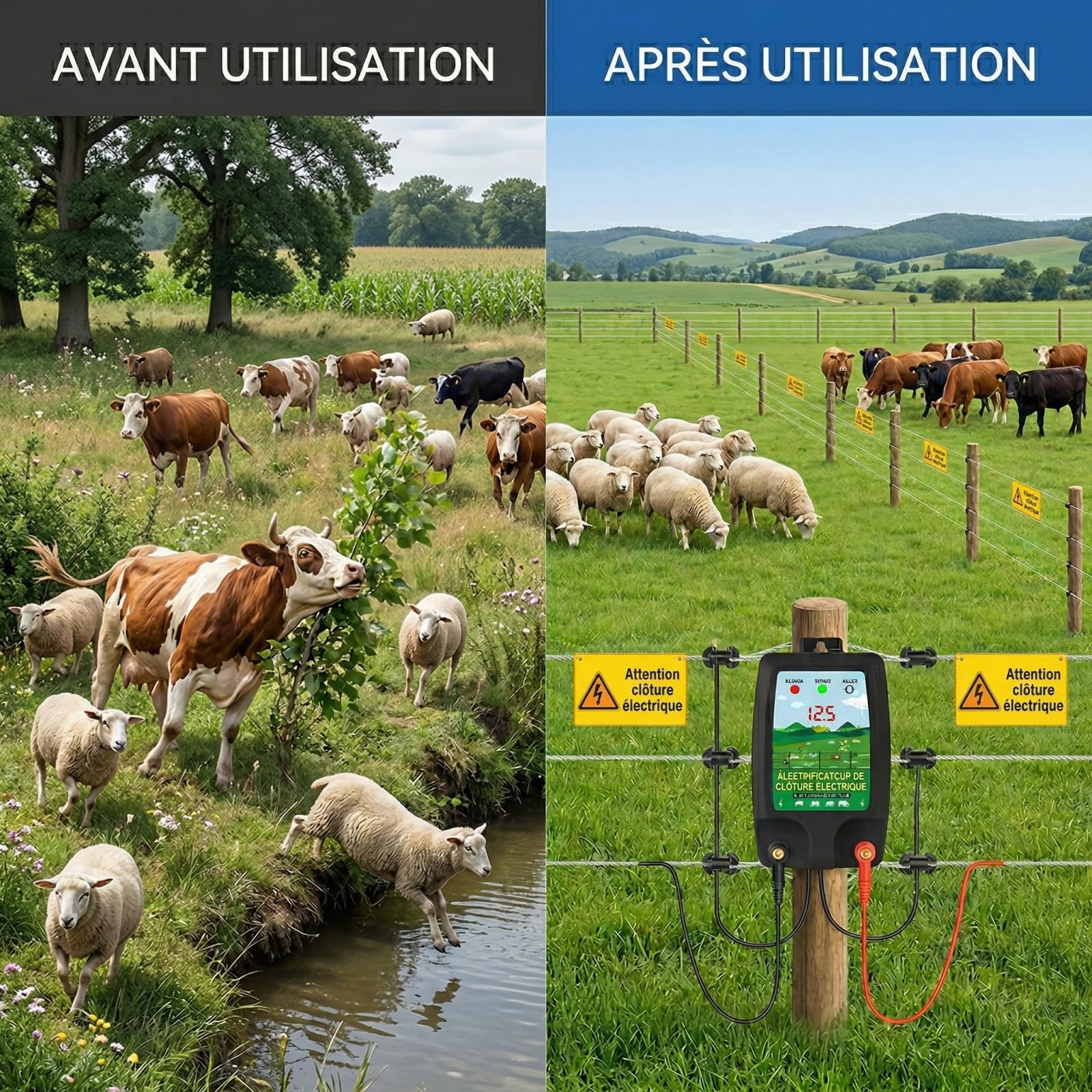 Dispositivo di recinzione elettrica 12 V con display a LED, portata 10 km, 2 Joule, 12 kV, per la protezione di animali da fattoria, pollame, pascoli e giardini (nero)