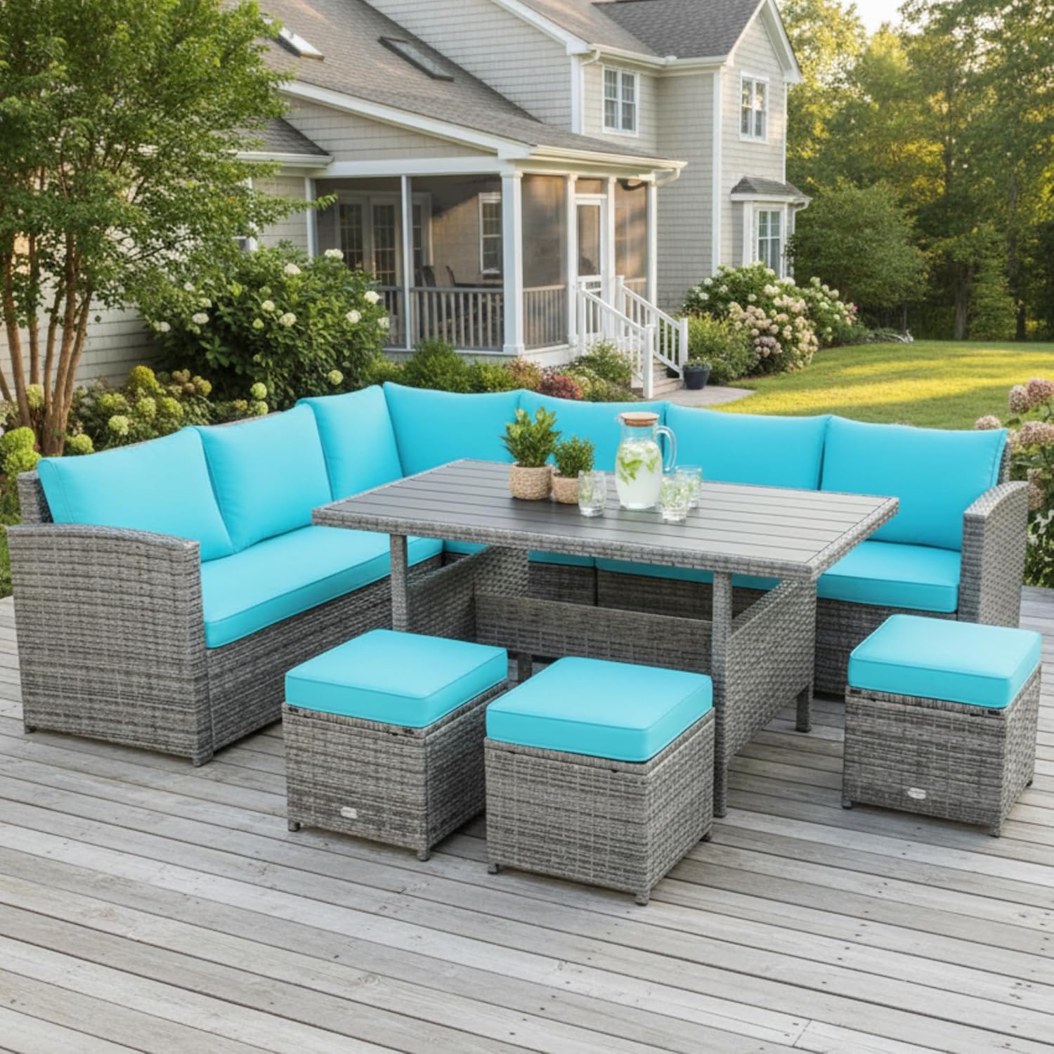 Tangkula 7 Pieces Patio Furniture Set, Outdoor Sectional Rattan Dining Sofa Set with Cushions, All Weather Wicker Conversation Couch Set with Dining Table & Ottomans for Yard Garden Poolside