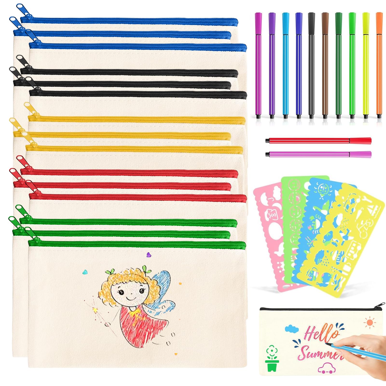 Lot De 6 Pochette Tissu Zippée Personnalisable 21x12 Cm – Toile Blanche Vierge Pour DIY, Trousse Crayons, Maquillage Ou Cadeau