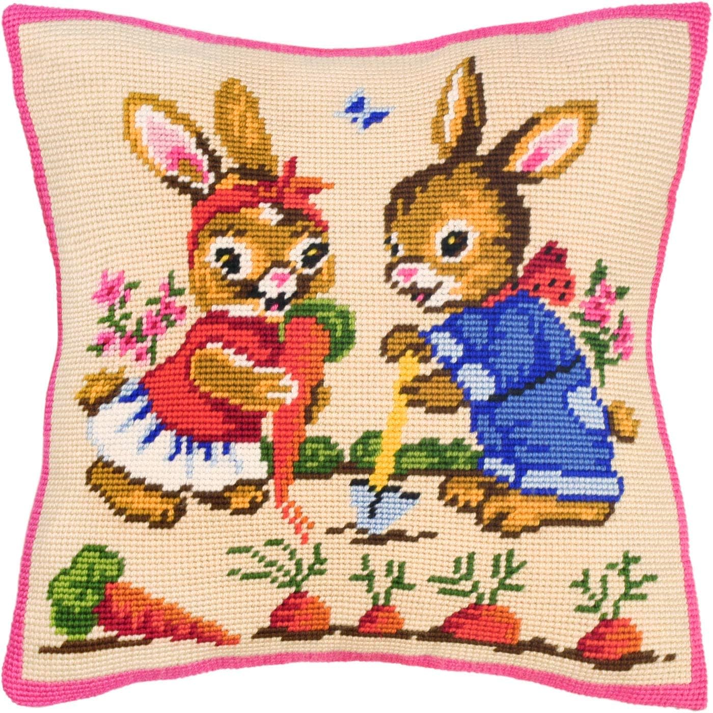 Brvsk Playful Needlepoint Kit for Adults and Beginners — Rabbits The Farmers 16″ × 16″ with Clear, Precise Printed Design on Cotton Canvas; Includes 2 Needles, Yarn, and Easy-Read Chart