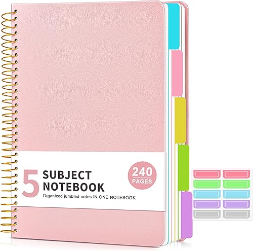 Cuaderno de 5 asignaturas con pestañas divisorias de bolsillo extraíbles, 240 páginas en espiral de 8.5 x 11 pulgadas, cuaderno rayado para mujer,